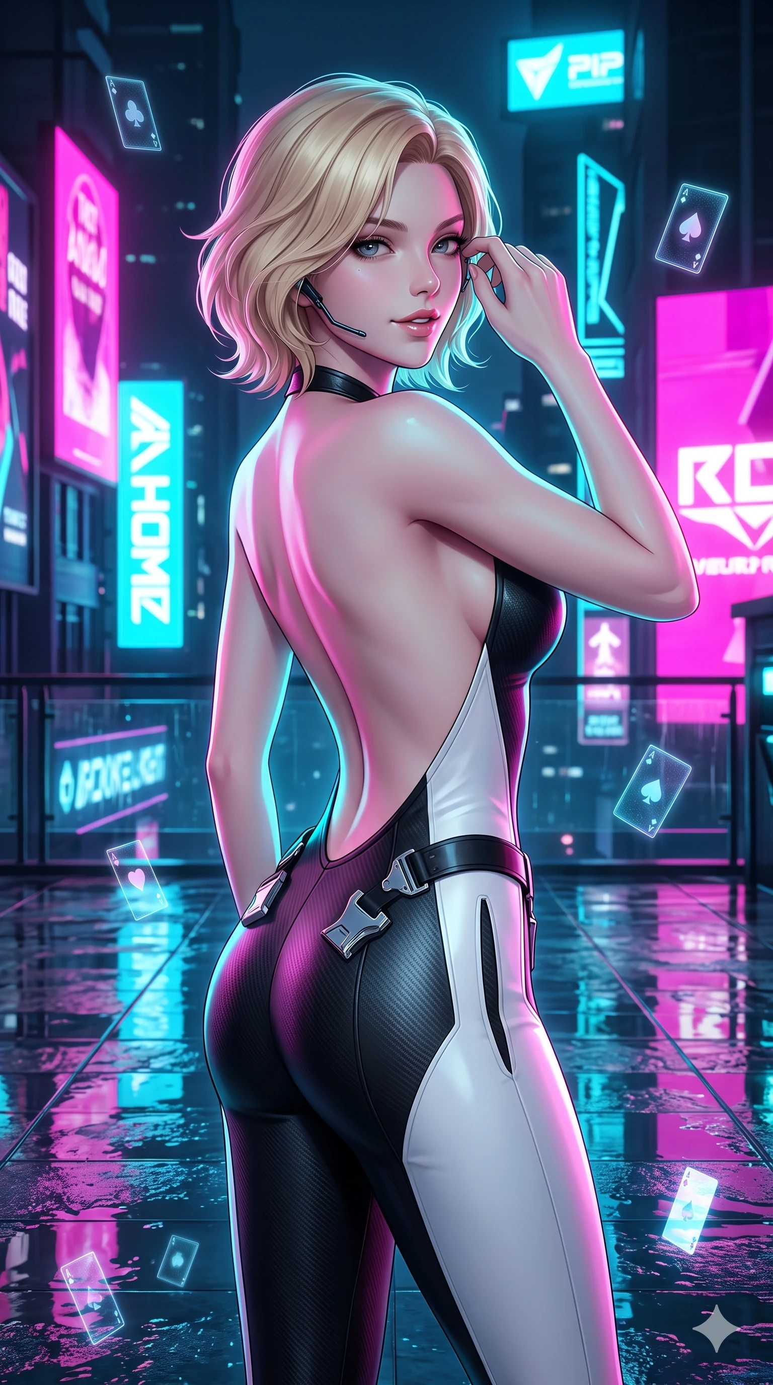 score_9, masterpiece, best quality, ultra-detailed, high-budget anime keyframe, semi-realistic 3D game render, editorial fashion photography, tasteful artistic composition, Caucasian woman. close-up cowboy shot from the waist and thighs up, the character dominates the composition, filling the frame with her large presence. arching her spine with dancer poise, one hand adjusting her ear comm-link in a flirtatious S-curve with parted glossy lips while twisting her slender torso in an alluring contrapposto, vibrant magenta and electric cyan billboard glows tracing her narrow waist and curvy hips. The surrounding environment is rendered in vivid detail and crisp panoramic clarity: sharp neon signage glass tube reflections, wet terrace glass floor reflections, and floating digital card suits in deep focus. She has an exceptionally elegant, slender, and willowy female figure with an ultra-slim waist, flat toned midriff, narrow ribcage, and sculpted feminine hips creating an alluring, slim hourglass silhouette without bulk. sharp v-shaped jawline, high-bridge nose, intricate jewel-like sparkling eyes with depth, thick eyelashes, glossy parted lips with a natural sheen, bright confident smile with an enchanting and coquettish sensual glint, exuding both youthful magnetic charm and sovereign high-tech allure, flawlessly proportioned anatomical accuracy, strict slender model proportions, natural body alignment, perfectly sculpted long slender limbs, ultra-slim waistline, clean dynamic posture without body distortion. wearing an alluring backless liquid titanium halterneck jumpsuit with deep scoop back down to her lower spine and hip ventilation slits in dual-tone high-contrast monochrome black and stark white, crafted from lightweight aerodynamic matte carbon-fiber weave with structural stiffness, finished with polished chrome buckle hardware and modular magnetic holster clasps, the bespoke structured tailoring following the natural line of her 8.5-heads silhouette with refined elegance. illuminated by terrace floor puddle reflections and sharp magenta-cyan rim lights sculpting her razor-sharp jawline, narrow waist, and curvy hips. highly saturated vibrant anime colors, detailed shading with soft gradients, rich glossy textures, high-contrast stereoscopic depth, volumetric dynamic lighting, master piece, 9:16 ratio
