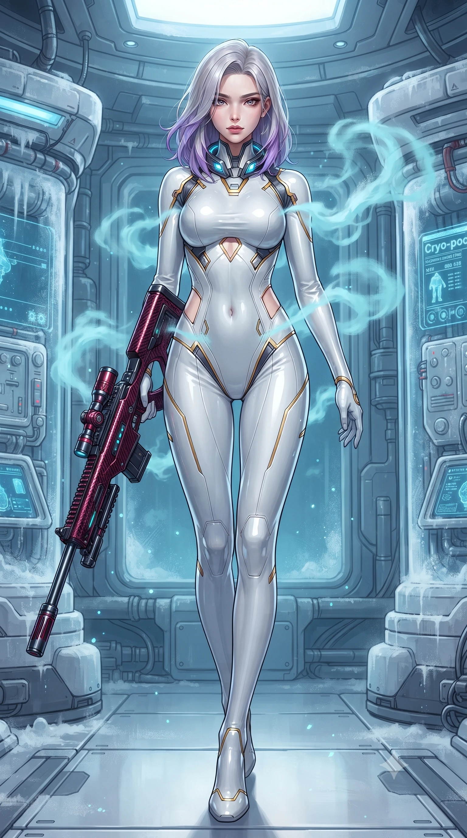 score_9, masterpiece, best quality, ultra-detailed, high-budget anime keyframe, editorial fashion photography, tasteful artistic composition, Caucasian woman. low angle full-body shot from head to toe showing her feet, filling the entire 9:16 vertical frame with her statuesque presence, stretching her vertical silhouette. striding forward with commanding supermodel grace, weapon held at the ready, her 8.5-heads statuesque silhouette dominating the vertical frame from head to toe while stretching her slender torso in an alluring S-curve as cyan cryo-mist billows gracefully around her bare shoulders and waist. The surrounding environment is rendered in vivid detail and crisp panoramic clarity. detailed cryo-pod control interfaces, condensation beads, and carbon suit thermal seams in high resolution. She has an absolutely perfect, statuesque 8.5-heads proportion, an exceptionally tall and slender model-like female figure with impossibly long slender legs, a toned flat midriff, and an ultra-slim waist. sharp v-shaped jawline, high-bridge nose, intricate jewel-like eyes with depth, thick eyelashes, glossy lips with a natural sheen, flawlessly proportioned anatomical accuracy, strict slender model proportions, natural body alignment, perfectly sculpted long slender limbs, ultra-slim waistline, clean dynamic posture without body distortion. wearing a form-contouring arctic white carbon-composite battle-suit with solar gold trim and diagonal midriff vents, aiming a precision carbon-fiber railgun sniper rifle with divine focus in deep crimson carbon weave with specular dark chrome accents, crafted from semi-translucent cybernetic carbon-vinyl interwoven with glowing micro-filaments, featuring a sleek aerodynamic collar framed by subtle glowing cybernetic status LEDs, the precision-cut daring openings accentuating her delicate midriff, graceful bare collarbones, and ultra-slim feminine waistline. illuminated by crisp specular ice refractions outlining her ultra-slim waist, long legs, and flat midriff. ultra-reflective glossy finish, specular highlights, dark metallic sheen, high-contrast stereoscopic depth, volumetric dynamic lighting, 2k, ultra detail, master piece, 9:16 ratio