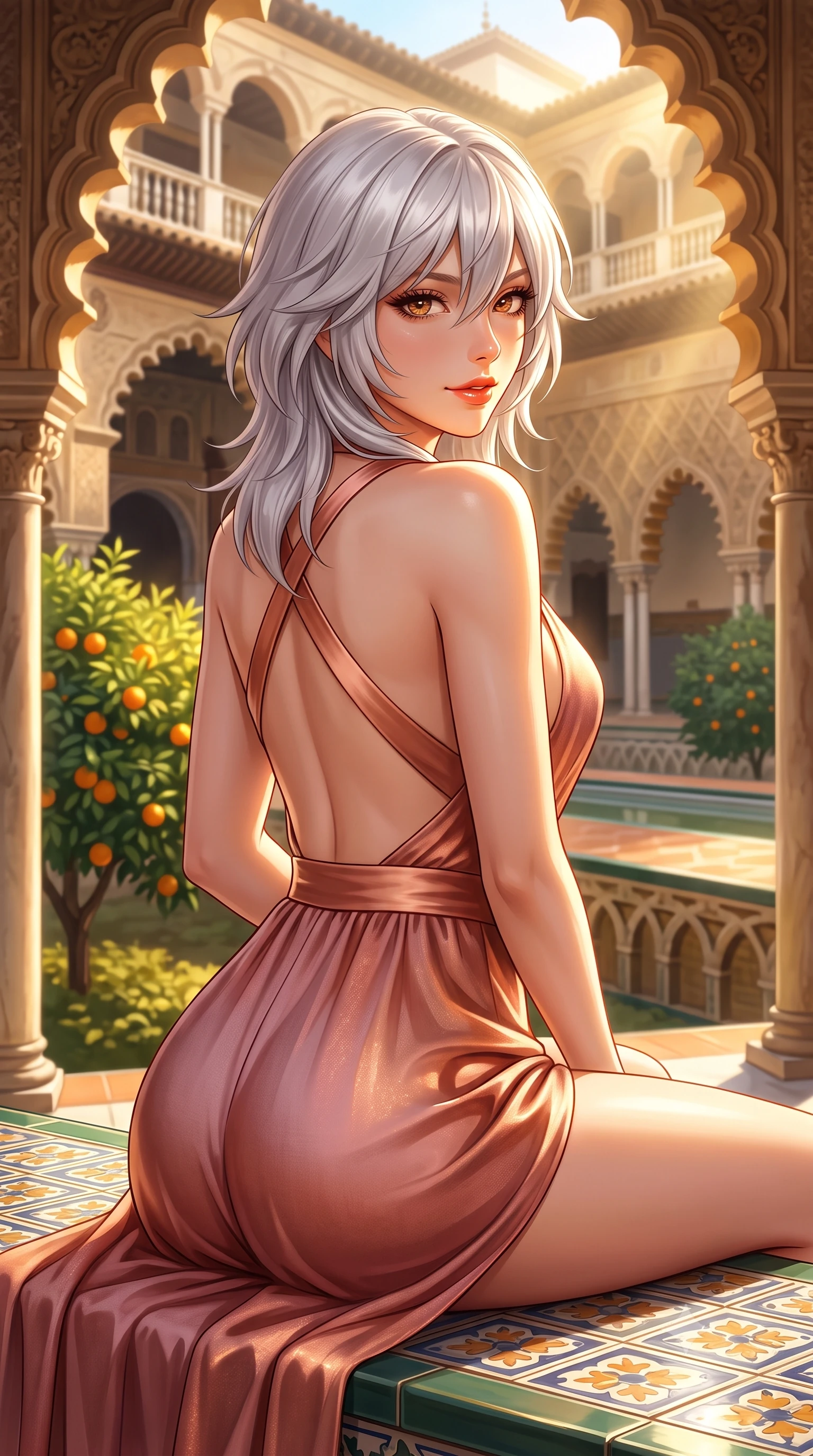score_9, masterpiece, best quality, ultra-detailed, high-budget anime keyframe, semi-realistic 3D game render, editorial fashion photography, tasteful artistic composition, Japanese woman. close-up cowboy shot from the waist and thighs up, the character dominates the composition, filling the frame with her large presence. posing in an alluring rear three-quarter angle, turning over a bare shoulder with an intoxicating sunlit gaze, her hips cocked back to highlight her slim hourglass curve while sitting gracefully on the glazed ceramic bench bordering the orange garden, her long slender legs and toned curves commanding the frame. The surrounding environment is rendered in vivid detail and crisp panoramic clarity. detailed resort gown drape, sunburst highlights on skin, and Royal Alcázar architecture in razor-sharp clarity. She has an exceptionally elegant, slender, and willowy female figure with an ultra-slim waist, flat toned midriff, narrow ribcage, and sculpted feminine hips creating an alluring, slim hourglass silhouette without bulk. sharp v-shaped jawline, high-bridge nose, sparkling amber-hazel eyes with depth, long lush eyelashes, glossy sun-kissed lips with a warm coral glaze, radiant teasing smile with sensual sunlit bedroom-eyes, exuding effortless old-money elegance and intoxicating sun-drenched allure, flawlessly proportioned anatomical accuracy, strict slender model proportions, natural body alignment, perfectly sculpted long slender limbs, ultra-slim waistline, clean dynamic posture without body distortion. wearing a modern tailored silk halter romper with high-cut leg openings and an open back in soft dusty rose and molten copper shimmer, crafted from fine lightweight breathable linen with an effortless natural drape, finished with criss-cross back satin straps highlighting her graceful shoulder blades, the high-waisted tailoring accentuating her ultra-slim waistline and the enchanting curve of her feminine hips with alluring sunlit charm. bathed in dramatic Andalusian late-afternoon golden hour sunlight streaming through scalloped arches. highly saturated vibrant anime colors, detailed shading with soft gradients, rich glossy textures, high-contrast stereoscopic depth, volumetric dynamic lighting, master piece, 9:16 ratio