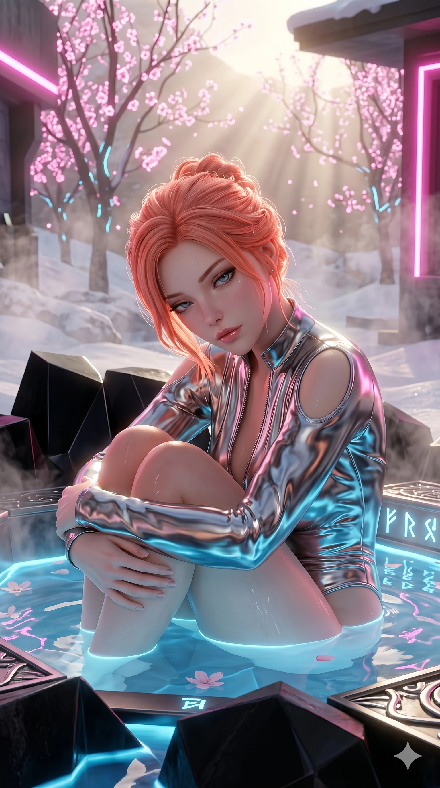 score_9, masterpiece, best quality, ultra-detailed, high-budget anime keyframe, semi-realistic 3D game render, Japanese woman. Upper body close-up from the thighs up, character filling the screen for maximum presence. She is relaxing in a futuristic geothermal hot spring surrounded by snow and neon cherry trees. She wraps her arms around her knees, looking over her shoulder with bedroom eyes. She has an absolutely perfect 8-heads proportion, an exceptionally tall and slender female figure with impossibly long slender legs and an ultra-slim waist. V-shaped jawline, high-bridge nose, intricate jewel-like eyes with depth, thick eyelashes, glossy lips with a natural sheen. She is wearing a form-fitting top made of molten liquid-mercury fabric that clings to her curves, with strategic tear-drop shoulder cutouts and a dangerously unzipped front collar. The scene is bathed in soft morning sun filtering through dense steam and a sharp pink neon key light. 2k, ultra detail, master piece, 9:16 ratio