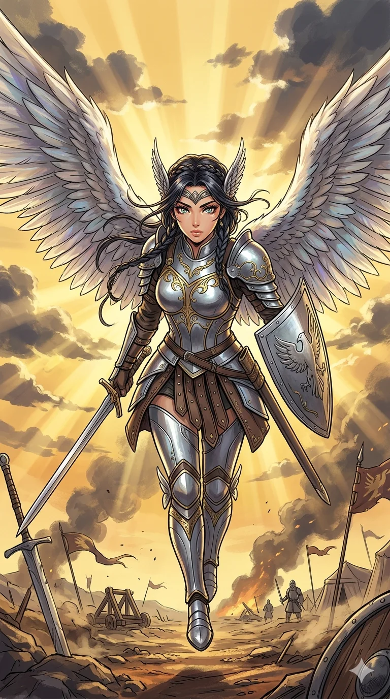 score_9, masterpiece, best quality, ultra-detailed, high-budget anime keyframe, an incredibly beautiful Japanese woman. Dynamic low angle cowboy shot filling the entire 9:16 frame with her statuesque presence. She is a valkyrie descending onto a battlefield. She has an absolutely perfect 8-heads proportion, an exceptionally tall and slender female figure with impossibly long slender legs and an ultra-slim waist. Her face is a highly detailed masterpiece featuring a sharp v-shaped jawline, high-bridge nose, intricate jewel-like eyes, thick eyelashes, and glossy lips. She is wearing a metallic silver armor-bikini with majestic feathered wings. A war-torn landscape under a dramatic golden sky with volumetric sun rays., 2k, ultra detail, master piece, 9:16 ratio