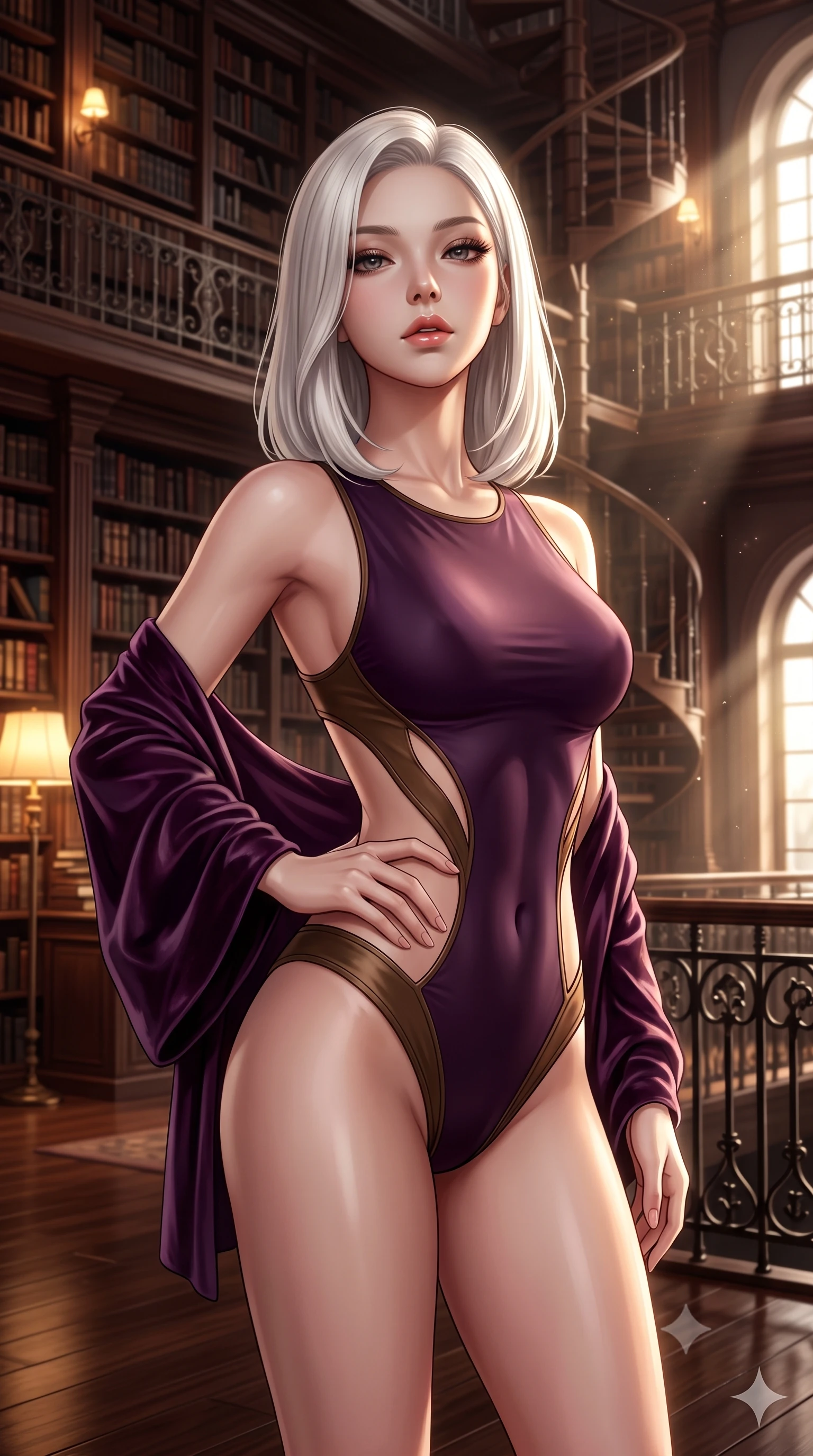 score_9, masterpiece, best quality, ultra-detailed, high-budget anime keyframe, semi-realistic 3D game render, editorial fashion photography, tasteful artistic composition, Korean woman. close-up cowboy shot from the waist and thighs up, the character dominates the composition, filling the frame with her large presence. tilting her chin up with proud, sovereign allure while gazing through thick eyelashes, one hand resting on her waist in pure supermodel charisma while standing poised between towering mahogany book stacks, twisting her upper body in an alluring S-curve as dust motes dance in golden sunbeams. The composition keeps background elements in soft focus with creamy bokeh. towering spiral staircases and gallery balustrades softened in atmospheric shallow focus. She has an exceptionally elegant, slender, and willowy female figure with an ultra-slim waist, flat toned midriff, narrow ribcage, and sculpted feminine hips creating an alluring, slim hourglass silhouette without bulk. sharp v-shaped jawline, high-bridge nose, intricate jewel-like eyes with depth, thick eyelashes, glossy parted lips with a natural sheen, intensely captivating and seductive bedroom-eyes expression, flawlessly proportioned anatomical accuracy, strict slender model proportions, natural body alignment, perfectly sculpted long slender limbs, ultra-slim waistline, clean dynamic posture without body distortion. wearing a botanical cutout monokini with organic leaf-curve side openings and high-cut hip bands in deep plum violet and antique bronze, tailored from liquid silk jersey adhering flawlessly to her slender build, complemented by a plush velvet shawl draped loosely over her elbows, the glove-like aerodynamic silhouette tightly following the natural contour of her hips and long slender legs with statuesque 8.5-heads elegance. bathed in warm incandescent reading lamp glow and dramatic shafts of daylight from arched windows. highly saturated vibrant anime colors, detailed shading with soft gradients, rich glossy textures, high-contrast stereoscopic depth, volumetric dynamic lighting, master piece, 9:16 ratio