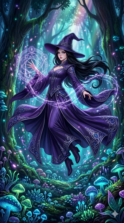 score_9, score_8_up, score_7_up, source_anime, masterpiece, best quality, ultra-detailed, same character with long flowing black hair, wearing elegant dark purple witch robes and a pointed hat, full body shot floating mid-air casting a complex magica