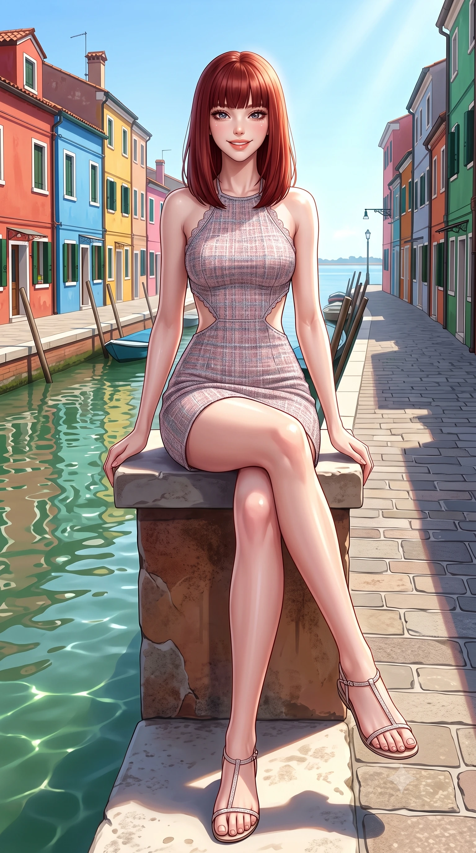 score_9, masterpiece, best quality, ultra-detailed, high-budget anime keyframe, semi-realistic 3D game render, editorial fashion photography, tasteful artistic composition, Caucasian woman. low angle full-body shot from head to toe showing her feet, filling the entire 9:16 vertical frame with her statuesque presence, stretching her vertical silhouette. sitting perched on the elevated edge with legs crossed and hips angled toward the camera, displaying her toned midriff and long slender limbs with a joyful, coquettish smile while walking down the cobblestone quay, her chic form-fitting outfit hugging her narrow waist and rounded hips as green canal water sparkles. The surrounding environment is rendered in vivid detail and crisp panoramic clarity. detailed knit top texture, bright sunlight glints on skin, and Burano canal architecture in high resolution. She has an exceptionally tall and slender model-like 8.5-heads proportion, an ultra-slim waist, a flat toned midriff, narrow delicate ribcage, and beautifully sculpted feminine hips creating a graceful, slim hourglass silhouette without any bulky heaviness, with impossibly long slender legs. sharp v-shaped jawline, high-bridge nose, intricate jewel-like sparkling eyes with depth, thick eyelashes, glossy parted lips with a natural peach sheen, bright cheerful beaming smile with an enchanting and coquettish sensual glint, exuding both youthful cute charm and seductive allure, flawlessly proportioned anatomical accuracy, strict slender model proportions, natural body alignment, perfectly sculpted long slender limbs, ultra-slim waistline, clean dynamic posture without body distortion. wearing a backless pastel halter sundress with side-waist diamond cutouts and an ultra-fitted hip-hugging silhouette in dusty rose and soft dove grey, tailored from soft pastel tweed with subtle metallic shimmer, finished with delicate lace scallop edging along the neckline, the form-fitting cut adhering flawlessly to her sculpted flat midriff and slender torso, emphasizing her long leg lines and perfectly proportioned willowy build. illuminated by green canal water specular caustics sharply sculpting her razor-sharp jawline, narrow waist, and curvy hips. highly saturated vibrant anime colors, detailed shading with soft gradients, rich glossy textures, high-contrast stereoscopic depth, volumetric dynamic lighting, master piece, 9:16 ratio
