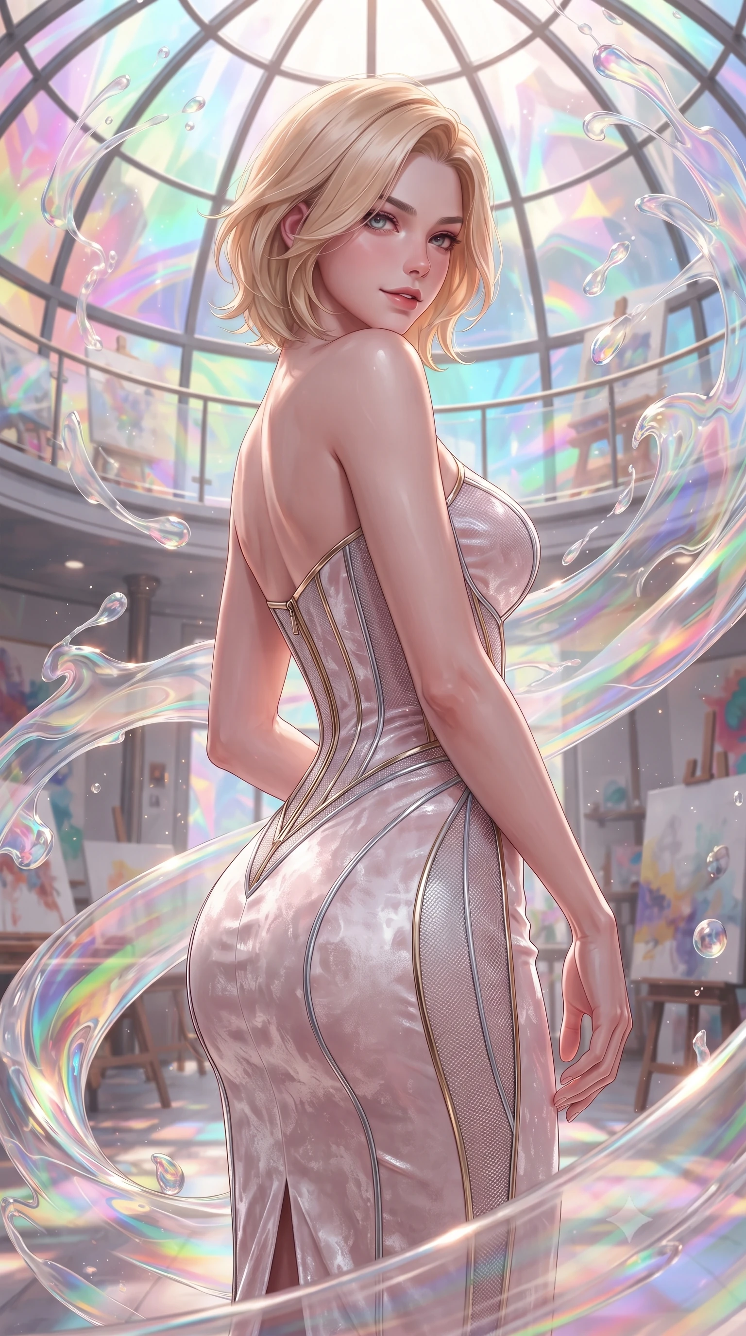 score_9, masterpiece, best quality, ultra-detailed, high-budget anime keyframe, editorial fashion photography, tasteful artistic composition, Caucasian woman. close-up cowboy shot from the waist and thighs up, the character dominates the composition, filling the frame with her large presence, background elements kept in soft focus. Glancing sidelong over her shoulder with a smoldering half-smile, standing inside a glass-domed art atelier filled with floating liquid opal paint swirls, translucent liquid acrylic trails creating dynamic motion paths. She has an exceptionally elegant, slender, and willowy female figure with an ultra-slim waist, a gracefully sculpted slender torso, and a refined silhouette. sharp v-shaped jawline, high-bridge nose, intricate jewel-like eyes with depth, thick eyelashes, glossy lips with a natural sheen. wearing sculpted form-fitting crushed white velvet column gown in soft blush pink, made of fine silver contouring mesh, finished with metallic gold boning and sleek zipper points, highlighting her statuesque proportions and ultra-slim waistline. illuminated by brilliant multi-color rainbow light refracting through glass. ultra-reflective glossy finish, specular highlights, metallic sheen, high-contrast stereoscopic depth, volumetric dynamic lighting, 2k, ultra detail, master piece, 9:16 ratio