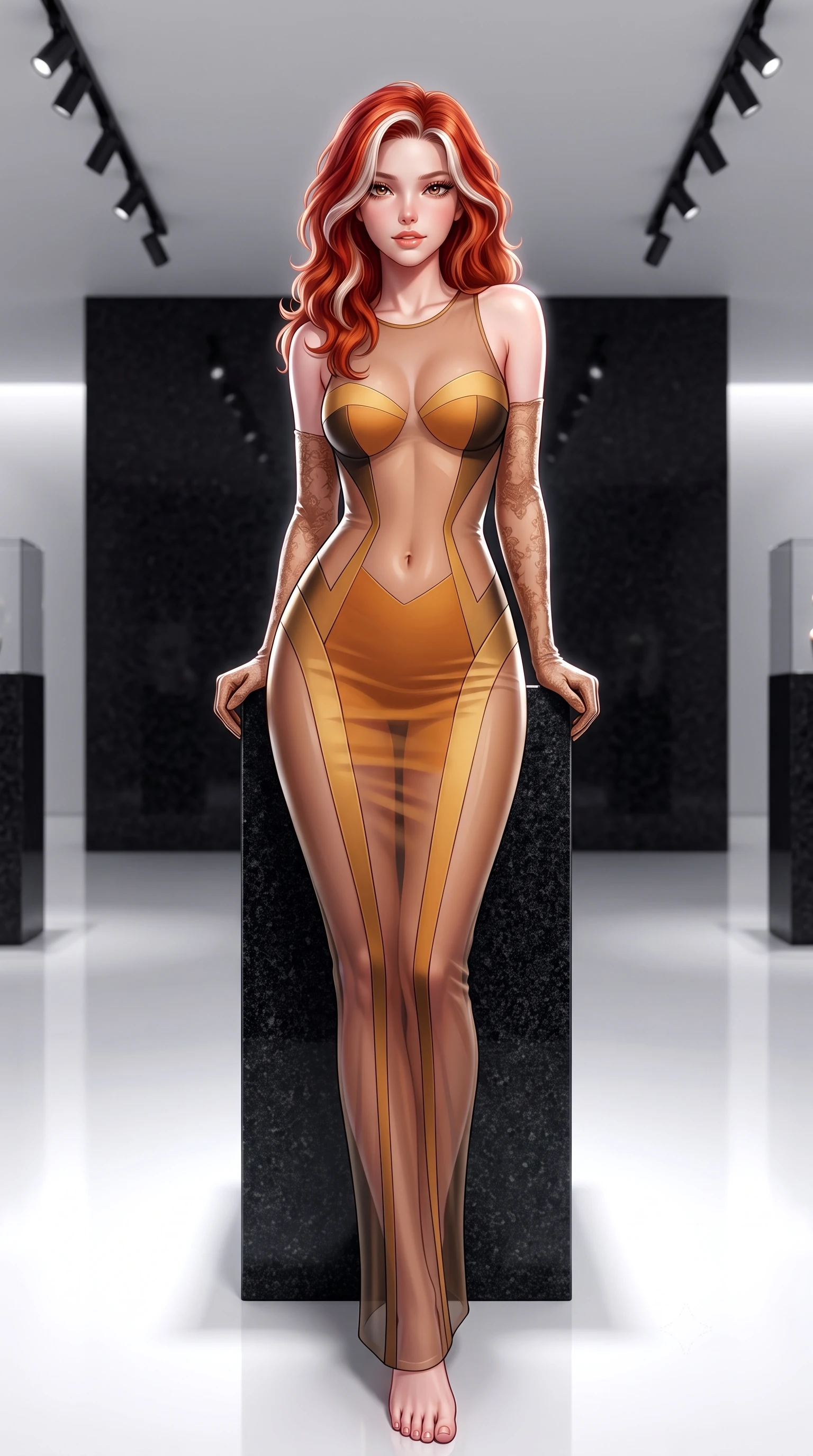 score_9, masterpiece, best quality, ultra-detailed, high-budget anime keyframe, semi-realistic 3D game render, editorial fashion photography, tasteful artistic composition, Caucasian woman. low angle full-body shot from head to toe showing her feet, filling the entire 9:16 vertical frame with her statuesque presence, stretching her vertical silhouette. stepping slowly toward the camera with hypnotic grace, hips swaying in an alluring sensual rhythm that accentuates her curvy hourglass silhouette and long slender legs while leaning against a honed granite pedestal with hips cocked back, looking over a bare shoulder with an intoxicating bedroom-gaze. The surrounding environment is rendered in vivid detail and crisp panoramic clarity: sharp honed black granite stone texture, white epoxy floor reflection clarity, and ceiling track light fixtures in deep focus. She has an absolutely perfect, statuesque 8.5-heads proportion, an exceptionally tall and slender model-like female figure with impossibly long slender legs, an ultra-slim waist, a flat toned midriff, narrow delicate ribcage, and beautifully sculpted feminine hips creating a graceful, slim hourglass silhouette without any bulky heaviness. sharp v-shaped jawline, high-bridge nose, sparkling eyes with hypnotic seductive depth, thick curled eyelashes, glossy parted lips with a natural dewy peach sheen, alluring bedroom-eyes with an enchanting coquettish smile, exuding magnetic siren charisma and sophisticated glamour, flawlessly proportioned anatomical accuracy, strict slender model proportions, natural body alignment, perfectly sculpted long slender limbs, ultra-slim waistline, clean dynamic posture without body distortion. wearing a provocative sheer illusion mesh column gown with opaque geometric panels strategically hugging her curves in warm amber honey and antique gold leaf with dark shadow gradients, tailored from fine structural neoprene with crisp architectural edges and smooth contouring, complemented by sheer opera-length lace evening gloves tracing her slender arms, the form-contouring silhouette accentuating her sculpted flat midriff, narrow delicate ribcage, and gracefully curvy hips with intoxicating allure. illuminated by floor bounce fill and sharp high-contrast white rim lights sculpting her jawline, flat midriff, and voluptuous hip curves. highly saturated vibrant anime colors, detailed shading with soft gradients, rich glossy textures, high-contrast stereoscopic depth, volumetric dynamic lighting, master piece, 9:16 ratio