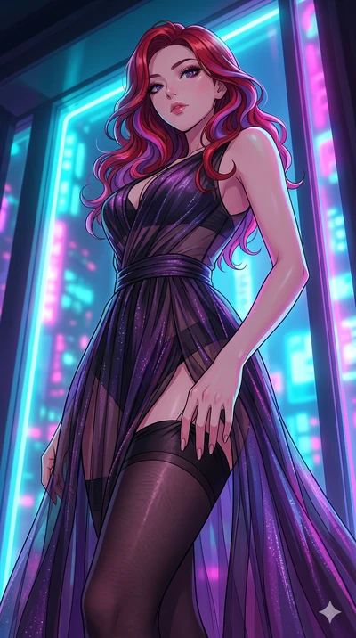 score_9, masterpiece, best quality, ultra-detailed, High-budget Anime Keyframe, East Asian woman. Low angle cowboy shot filling the entire 9:16 frame with her statuesque presence. Scenario 47: Adjusting her thigh-high stocking by a glowing neon windo