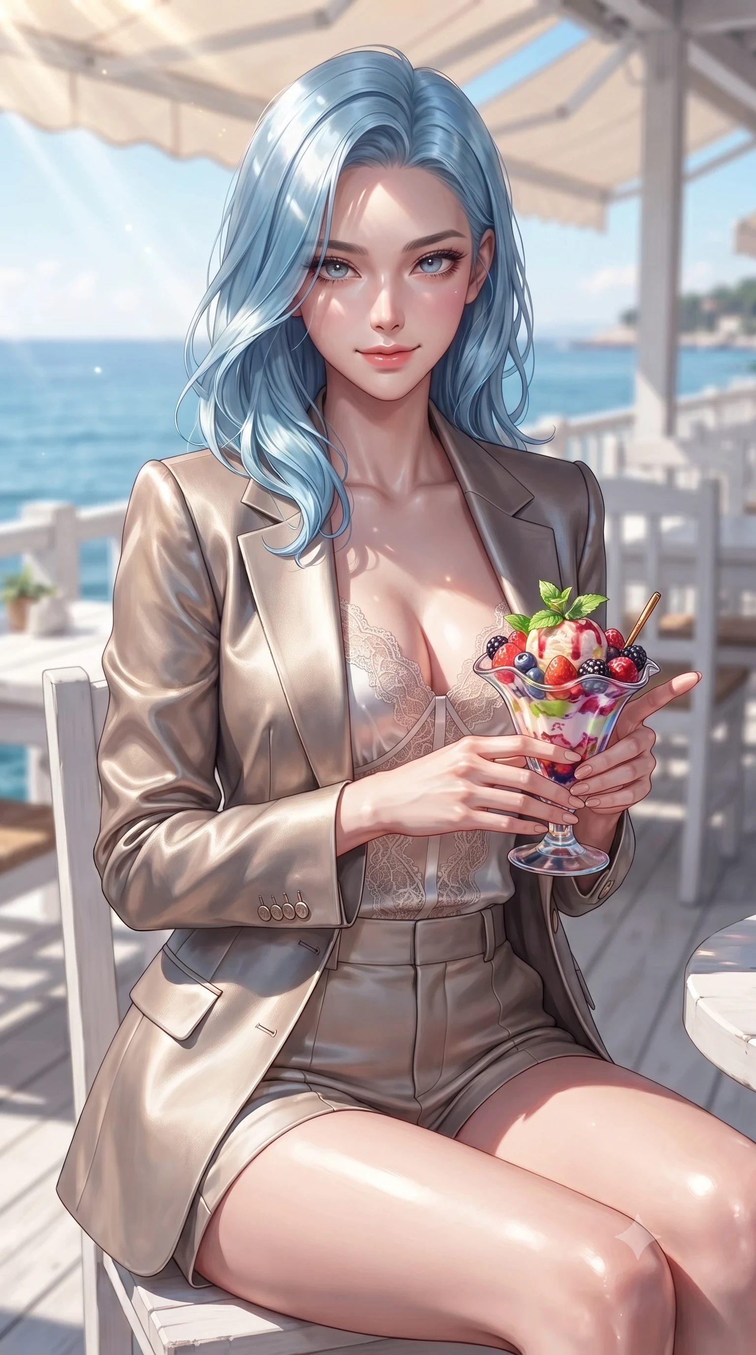 score_9, masterpiece, best quality, ultra-detailed, high-budget anime keyframe, editorial fashion photography, tasteful artistic composition, Korean woman. close-up cowboy shot from the waist and thighs up, the character dominates the composition, filling the frame with her large presence, background elements kept in soft focus. smiling cutely with an air of effortless superiority and magnetic charm set against a soft-focus background of at a seaside cafe deck with white wooden tables and views of the blue water holding a colorful ice cream coupe with fresh berries and mint. She has an exceptionally elegant, slender, and willowy female figure with an ultra-slim waist, a gracefully sculpted slender torso, and a refined silhouette. sharp v-shaped jawline, high-bridge nose, intricate jewel-like eyes with depth, thick eyelashes, glossy lips with a natural sheen. wearing tailored delicate silk camisole with lace panels and a tailored blazer worn open over form-contouring shorts. dappled sunlight filtering through the outdoor awning onto her face. ultra-reflective glossy finish, specular highlights, metallic sheen, high-contrast stereoscopic depth, volumetric dynamic lighting, 2k, ultra detail, master piece, 9:16 ratio