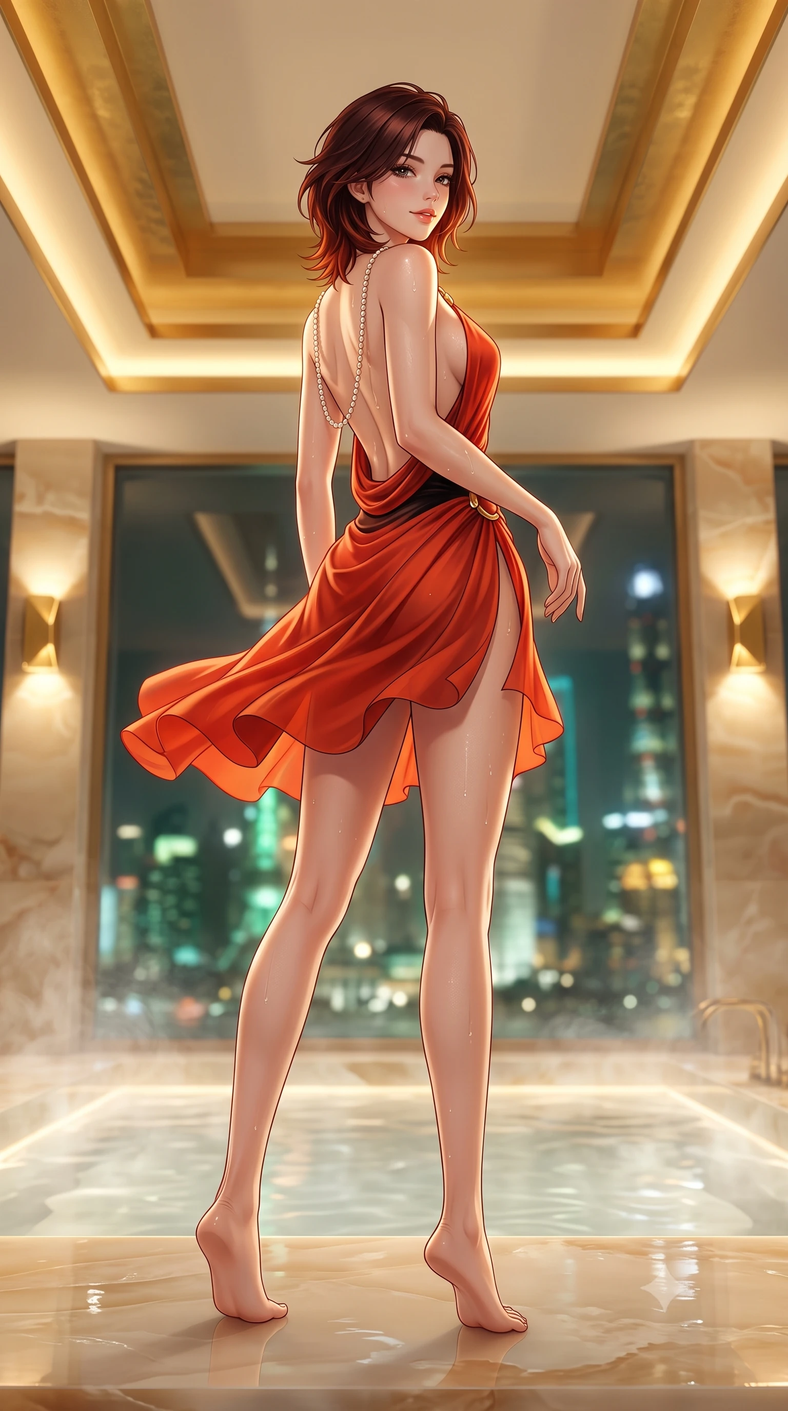 score_9, masterpiece, best quality, ultra-detailed, high-budget anime keyframe, semi-realistic 3D game render, editorial fashion photography, tasteful artistic composition, Korean woman. low angle full-body shot from head to toe showing her feet, filling the entire 9:16 vertical frame with her statuesque presence, stretching her vertical silhouette. executing a slow, graceful pivot turn as her skirt sways around her slender legs, glancing back with an enchanting, teasing sensual expression while twisting her slender torso in an alluring contrapposto stance, dewy steam beads and geometric brass sconce glows highlighting her flat midriff and hips. The background shows a soft-focus steaming water surface in sunken bath, stepped gold-leaf ceiling cornices, and glittering city skyline outside blurred into jade, honey, and charcoal bokeh. She has an absolutely perfect, statuesque 8.5-heads proportion, an exceptionally tall and slender model-like female figure with impossibly long slender legs, an ultra-slim waist, a flat toned midriff, narrow delicate ribcage, and beautifully sculpted feminine hips creating a graceful, slim hourglass silhouette without any bulky heaviness. sharp v-shaped jawline, high-bridge nose, sparkling eyes with hypnotic seductive depth, thick curled eyelashes, glossy parted lips with a natural dewy peach sheen, alluring bedroom-eyes with an enchanting coquettish smile, exuding magnetic siren charisma and sophisticated glamour, flawlessly proportioned anatomical accuracy, strict slender model proportions, natural body alignment, perfectly sculpted long slender limbs, ultra-slim waistline, clean dynamic posture without body distortion. wearing a draped Greek-goddess style silk chiffon mini toga dress with an open back and golden hip fibula in Pudong electric vermilion and obsidian lacquer, woven from buttery-soft stretch lambskin leather adhering to her body like a second skin, accented with a pearl-drop body harness subtly framing her dewy collarbones and spine, the precision-cut side openings and low-back scoop framing her graceful spine and the sensual sweep of her slim, toned hips. bathed in soft 2700K concealed warm LED cove lighting beneath the stepped onyx platform mixed with exterior city ambient fill. highly saturated vibrant anime colors, detailed shading with soft gradients, rich glossy textures, high-contrast stereoscopic depth, volumetric dynamic lighting, master piece, 9:16 ratio
