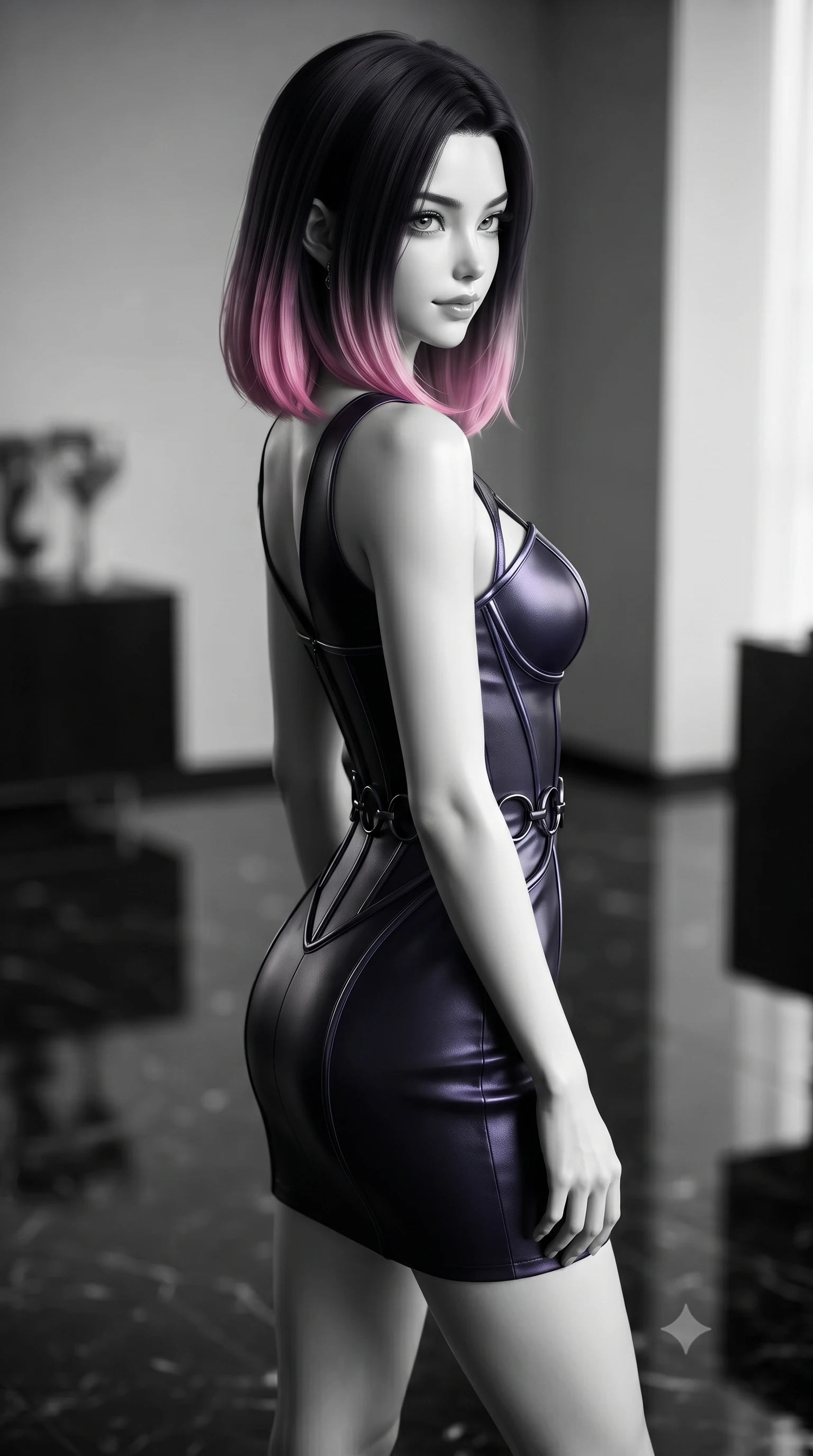 score_9, masterpiece, best quality, ultra-detailed, high-budget anime keyframe, editorial fashion photography, tasteful artistic composition, Korean woman. close-up cowboy shot from the waist and thighs up, the character dominates the composition, filling the frame with her large presence, background elements kept in soft focus. Glancing sidelong over her shoulder with a smoldering, enigmatic half-smile, looking composedly past the camera with quiet, sharp artistic focus, polished granite floor creating a dark mirror reflection of her posture. She has an exceptionally elegant, slender, and willowy female figure with an ultra-slim waist, a gracefully sculpted slender torso, and a refined silhouette. sharp v-shaped jawline, high-bridge nose, intricate jewel-like eyes with depth, thick eyelashes, glossy lips with a natural sheen. wearing architectural cut-out dark leather mini dress with sculpted metallic boning in midnight navy blue, made of iridescent dark violet taffeta, trimmed with dark chrome ring hardware along the waist contours, accentuating her gracefully sculpted slender torso. bathed in high-contrast black-and-white chiaroscuro with sharp key rays. ultra-reflective glossy finish, specular highlights, metallic sheen, high-contrast stereoscopic depth, volumetric dynamic lighting, 2k, ultra detail, master piece, 9:16 ratio