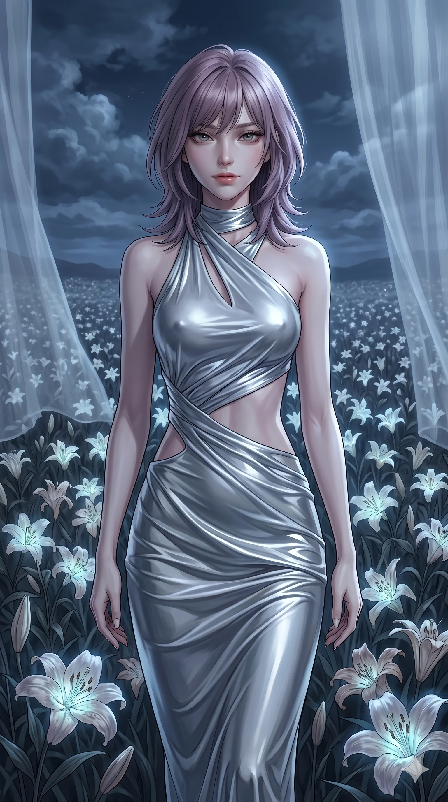 score_9, masterpiece, best quality, ultra-detailed, high-budget anime keyframe, editorial fashion photography, tasteful artistic composition, Japanese woman. cowboy shot from the thighs up, character and outfit filling the frame for maximum editorial presence. looking sidelong at the viewer with a melancholy, weary half-smile that doesn't reach her eyes standing in a field of withered bioluminescent lilies under a cloudy night sky (Scenario Code S-47). She has an absolutely perfect 8-heads proportion, an exceptionally tall and slender female figure with impossibly long slender legs and an ultra-slim waist. V-shaped jawline, high-bridge nose, intricate jewel-like eyes with depth, thick eyelashes, glossy lips with a natural sheen. wearing a liquid silver jersey dress with an asymmetric collar and bold waist cutout lines. bathed in cold moonlight filtering through translucent curtains, creating soft shadows. 2k, ultra detail, master piece, 9:16 ratio