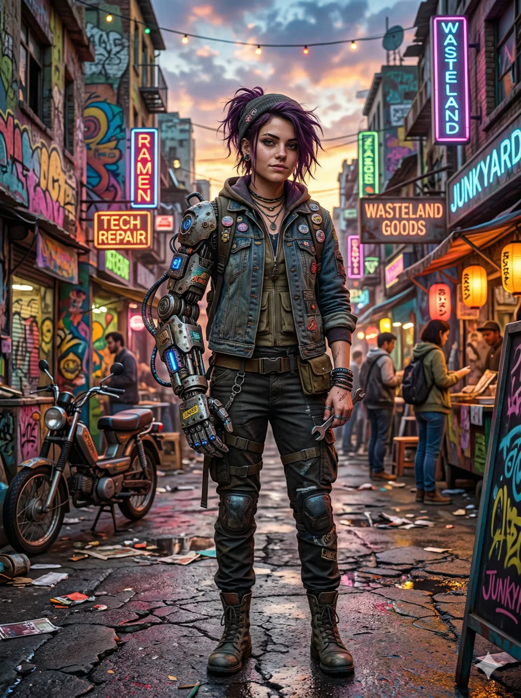 A street-smart girl with a robotic arm, in a colorful post-apocalyptic world, 2k, ultra detail, master piece, 3:4 ratio