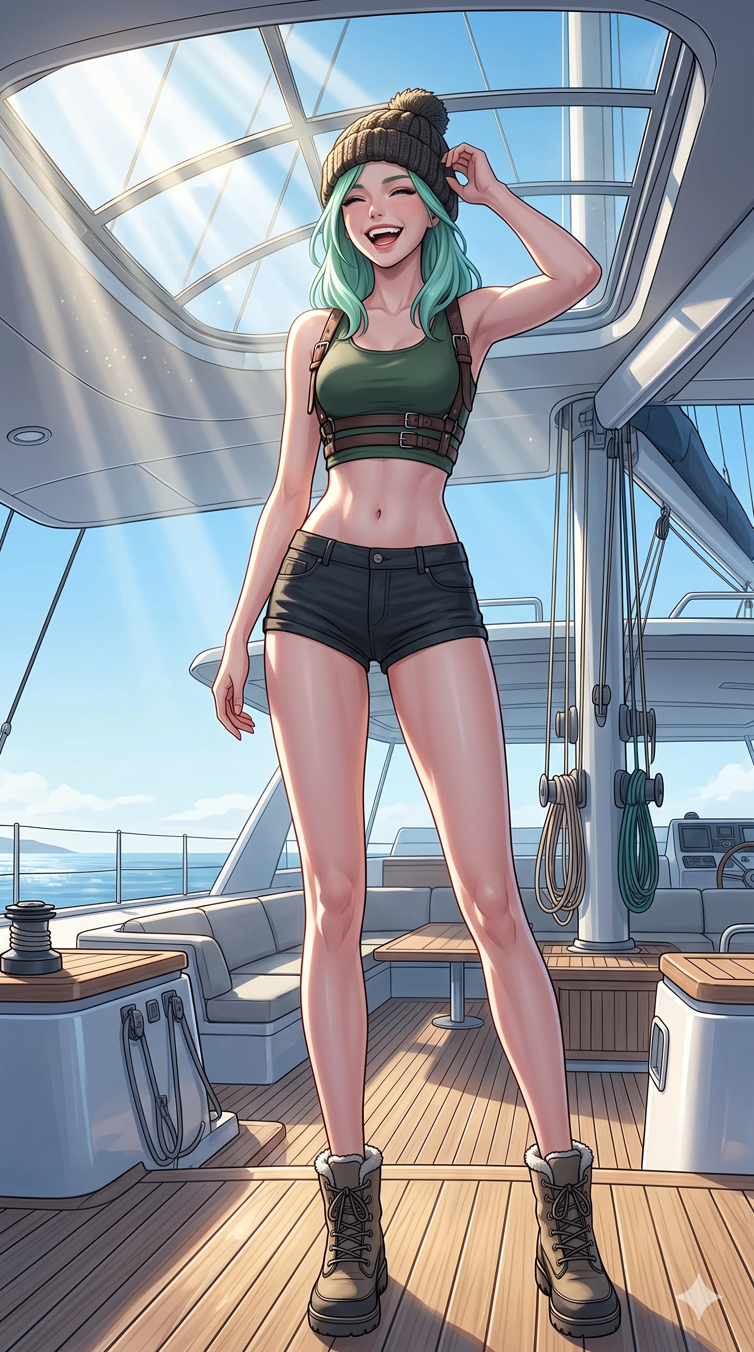score_9, masterpiece, best quality, ultra-detailed, high-budget anime keyframe, vibrant anime aesthetic, Japanese woman. low angle full-body shot from head to toe showing her feet, filling the entire 9:16 vertical frame with her statuesque presence, stretching her vertical silhouette. She is laughing cheerfully while adjusting her knit hat in the bright afternoon sun on the deck of a catamaran sailing under a clear winter sky (Code-P21-047). She has an absolutely perfect 8-heads proportion, an exceptionally tall and slender female figure with impossibly long slender legs and an ultra-slim waist. V-shaped jawline, high-bridge nose, intricate jewel-like eyes with depth, thick eyelashes, glossy lips with a natural sheen. wearing a leather harness over a crop top exposing her midriff and micro-shorts in winter. She is illuminated by dramatic, volumetric sunlight streaming through a glass atrium dome. 2k, ultra detail, master piece, 9:16 ratio