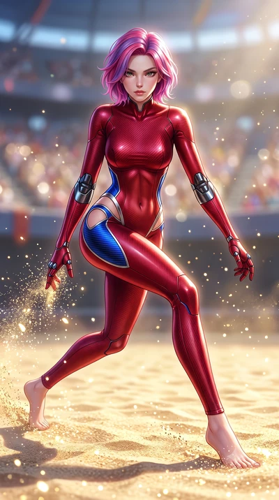 score_9, masterpiece, best quality, ultra-detailed, high-budget anime keyframe, semi-realistic 3D game render, editorial fashion photography, tasteful artistic composition, Caucasian woman. low angle full-body shot from head to toe showing her feet, 