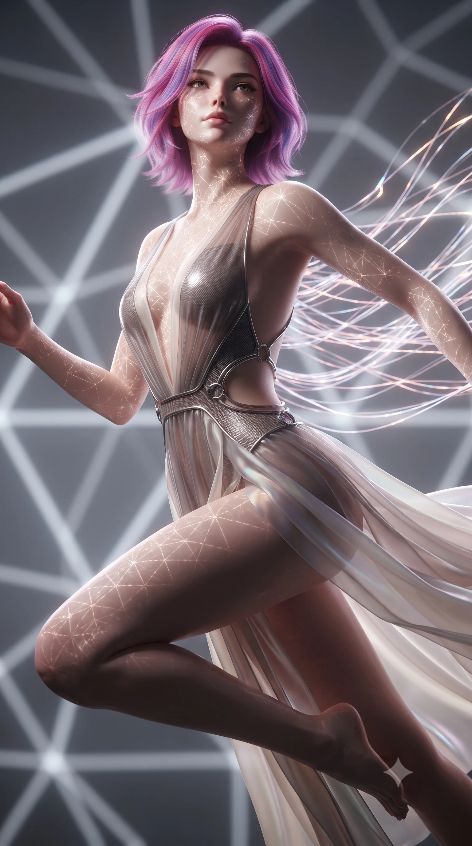 score_9, masterpiece, best quality, ultra-detailed, high-budget anime keyframe, editorial fashion photography, tasteful artistic composition, Caucasian woman. close-up cowboy shot from the waist and thighs up, the character dominates the composition, filling the frame with her large presence, background elements kept in soft focus. Tilting her chin up with an air of effortless superiority while balancing dynamically amidst the scene while leaping across a geometric light matrix with glowing filament threads fluttering behind her, intricate geometric lattice patterns of light projected onto her skin. She has an exceptionally elegant, slender, and willowy female figure with an ultra-slim waist, a gracefully sculpted slender torso, and a refined silhouette. sharp v-shaped jawline, high-bridge nose, intricate jewel-like eyes with depth, thick eyelashes, glossy lips with a natural sheen, flawlessly proportioned anatomical accuracy, natural body alignment, perfectly sculpted elegant limbs, clean dynamic posture without body distortion. wearing a translucent iridescent chiffon gown with a plunging neckline and open back in muted taupe and soft ivory, made of fine carbon-fiber weave and soft matte leather, accented with delicate chrome ring hardware framing her waist, the glove-like fit emphasizing her statuesque silhouette during motion. surrounded by a vibrant fluorescent aura with bright specular rim lights. ultra-reflective glossy finish, specular highlights, metallic sheen, high-contrast stereoscopic depth, volumetric dynamic lighting, 2k, ultra detail, master piece, 9:16 ratio