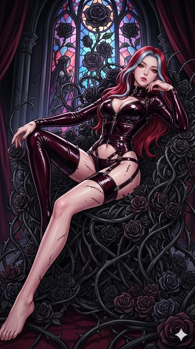 score_9, masterpiece, best quality, ultra-detailed, High-budget Anime Keyframe, East Asian woman. Dynamic full-body shot stretching the vertical silhouette to the limit. Scenario 270: Resting on a throne of black roses, thorns grazing her skin. Her p