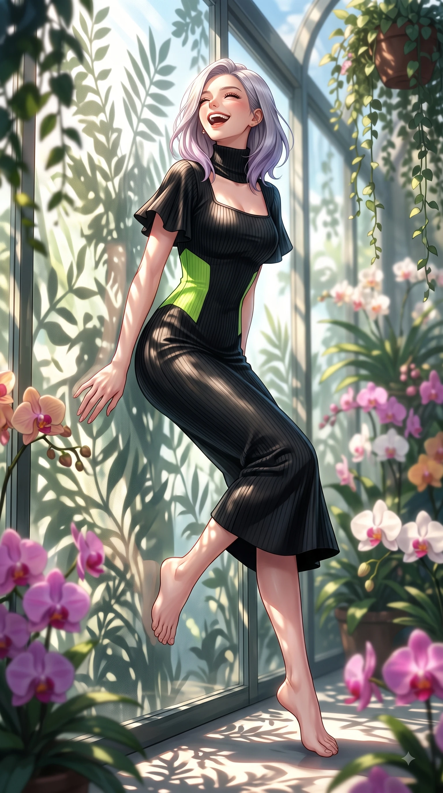score_9, masterpiece, best quality, ultra-detailed, high-budget anime keyframe, editorial fashion photography, tasteful artistic composition, Caucasian woman. low angle full-body shot from head to toe showing her feet, filling the entire 9:16 vertical frame with her statuesque presence, stretching her vertical silhouette. Ecstatic joyful laughter with eyes crinkling in pure delight and vibrant energy filling her dynamic posture while leaning against a sunlit glass wall surrounded by exotic orchids and cascading vines. The composition keeps background elements in soft focus with dreamy bokeh. cascading botanical vines creating a soft, organic blurred background depth. She has an absolutely perfect, statuesque 8.5-heads proportion, an exceptionally tall and slender model-like female figure with impossibly long slender legs and an ultra-slim waist. sharp v-shaped jawline, high-bridge nose, intricate jewel-like eyes with depth, thick eyelashes, glossy lips with a natural sheen, flawlessly proportioned anatomical accuracy, natural body alignment, perfectly sculpted elegant limbs, clean dynamic posture without body distortion. wearing a chic black ribbed turtleneck knit dress accentuating her slender waist in bright lime green and sleek jet black, crafted from soft breathable Italian linen, featuring elegant flutter sleeves and a graceful square neckline, the chic fashion cut framing her graceful clavicle and slender torso. illuminated by fresh botanical ambient glow with organic leaf stencil shadows. highly saturated vibrant anime colors, detailed shading with soft gradients, rich glossy textures, high-contrast stereoscopic depth, volumetric dynamic lighting, master piece, 9:16 ratio