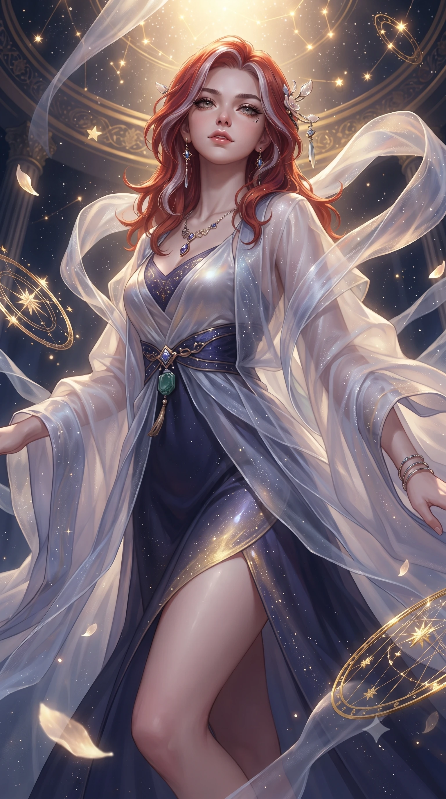 score_9, masterpiece, best quality, ultra-detailed, high-budget anime keyframe, editorial fashion photography, tasteful artistic composition, Caucasian woman. close-up cowboy shot from the waist and thighs up, the character dominates the composition, filling the frame with her large presence. tilting her chin up with proud, sovereign confidence while gazing directly into the lens with thick, dark eyelashes while floating weightlessly in a celestial sanctuary chamber where endless translucent silk ribbons and glowing star petals drift in zero gravity. The surrounding environment is rendered in vivid detail and crisp panoramic clarity. detailed golden star map rings, stardust cluster formations, and metallic jewelry accents in high clarity. She has an exceptionally elegant, slender, and willowy female figure with an ultra-slim waist, a gracefully sculpted slender torso, toned flat midriff, and a refined slim silhouette. sharp v-shaped jawline, high-bridge nose, intricate jewel-like eyes with depth, thick eyelashes, glossy lips with a natural sheen, captivating and magnetic expression, flawlessly proportioned anatomical accuracy, strict slender model proportions, natural body alignment, perfectly sculpted long slender limbs, ultra-slim waistline, clean dynamic posture without body distortion. wearing an ethereal moon-goddess gossamer robe worn over a form-contouring pearlescent silk slip in midnight indigo and glowing starlight gold, crafted from weightless prism organza that refracts light with every motion, accented with mother-of-pearl hair ornaments and a carved jade pendant, the liquid-tight tailored fabric emphasizing every curve of her tall, slender model proportions and sculptured silhouette during dynamic movement. bathed in multidirectional celestial starlight and warm golden constellation backlighting. ultra-reflective glossy finish, specular highlights, rich textural contrasts, high-contrast stereoscopic depth, volumetric dynamic lighting, 2k, ultra detail, master piece, 9:16 ratio
