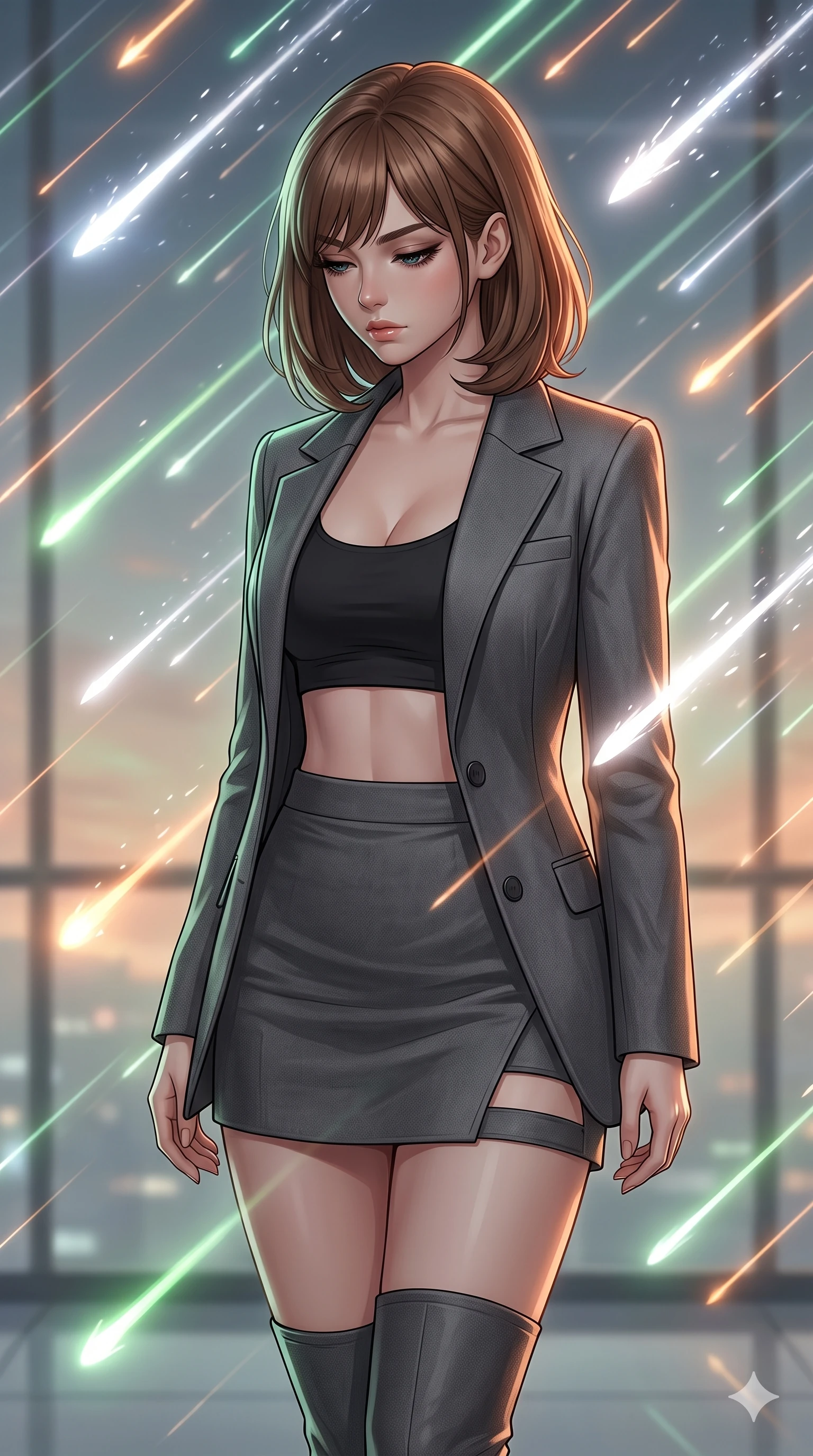 score_9, masterpiece, best quality, ultra-detailed, high-budget anime keyframe, editorial fashion photography, tasteful artistic composition, Caucasian woman, strictly human ears. close-up cowboy shot from the waist and thighs up, the character dominates the composition, filling the frame with her large presence, background elements kept in soft focus. Looking down with lowered lashes and a composed powerful expression. set against a soft-focus background of a transparent observation deck during the most spectacular meteor shower in a millennium thousands of bright streaks crossing the sky in every direction some leaving persistent glowing trails of ionized gas. She has an exceptionally elegant and slender, willowy female figure with an ultra-slim waist, a gracefully sculpted slender torso, and a refined slim physique. sharp v-shaped jawline, high-bridge nose, intricate jewel-like eyes with depth, thick eyelashes, glossy lips with a natural sheen. wearing a structured blazer in charcoal grey worn open over a black crop top and matching mini skirt with side cutout. rapid flashes of brilliant white meteor trails creating dynamic strobing illumination against the dark sky with soft persistent green and orange trails providing ambient glow. 2k, ultra detail, master piece, 9:16 ratio