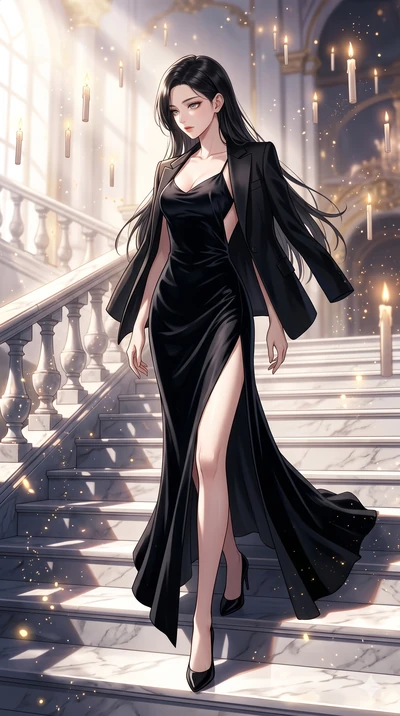 score_9, masterpiece, best quality, ultra-detailed, High-budget Anime Keyframe, beautiful Caucasian anime girl (strictly human ears). Dynamic full-body shot stretching the vertical silhouette with her statuesque presence. Descending a grand marble st