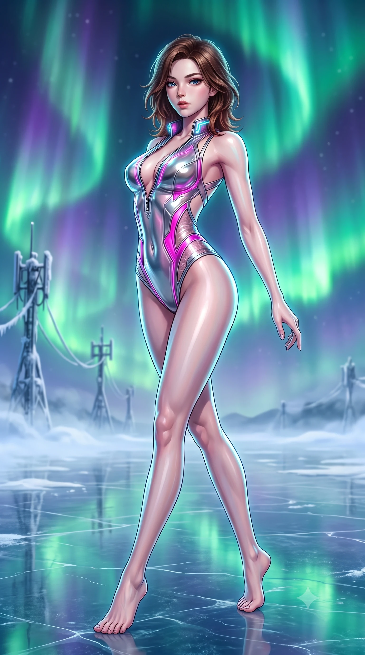 score_9, masterpiece, best quality, ultra-detailed, high-budget anime keyframe, semi-realistic 3D game render, editorial fashion photography, tasteful artistic composition, Korean woman. low angle full-body shot from head to toe showing her feet, filling the entire 9:16 vertical frame with her statuesque presence, stretching her vertical silhouette. arching her back in a fluid zero-gravity turn with sovereign grace, her long slender legs and sculpted torso creating a sweeping line while stepping gracefully across a frozen mirror lake reflecting swirling green and violet aurora curtains. The composition keeps background elements in soft focus with creamy bokeh. frost-covered technological pylons and icy fog softened in smooth atmospheric depth of field. She has an absolutely perfect, statuesque 8.5-heads proportion, an exceptionally tall and slender model-like female figure with impossibly long slender legs and an ultra-slim waist. sharp v-shaped jawline, high-bridge nose, intricate jewel-like eyes with depth, thick eyelashes, glossy lips with a natural sheen, flawlessly proportioned anatomical accuracy, natural body alignment, perfectly sculpted elegant limbs, clean dynamic posture without body distortion. wearing a liquid chrome micro-bodysuit sculpted tightly to her figure, featuring razor-thin metallic straps and an open back in chromatic platinum and blazing neon magenta, tailored from semi-translucent cybernetic vinyl with glowing micro-filaments, featuring a dangerously unzipped neckline framed by glowing cybernetic accents, the form-contouring second-skin material highlighting her ultra-slim waist and long lines. illuminated by crisp cool white key light and glowing cyan rim highlights tracing her skin. highly saturated vibrant anime colors, detailed shading with soft gradients, rich glossy textures, high-contrast stereoscopic depth, volumetric dynamic lighting, master piece, 9:16 ratio