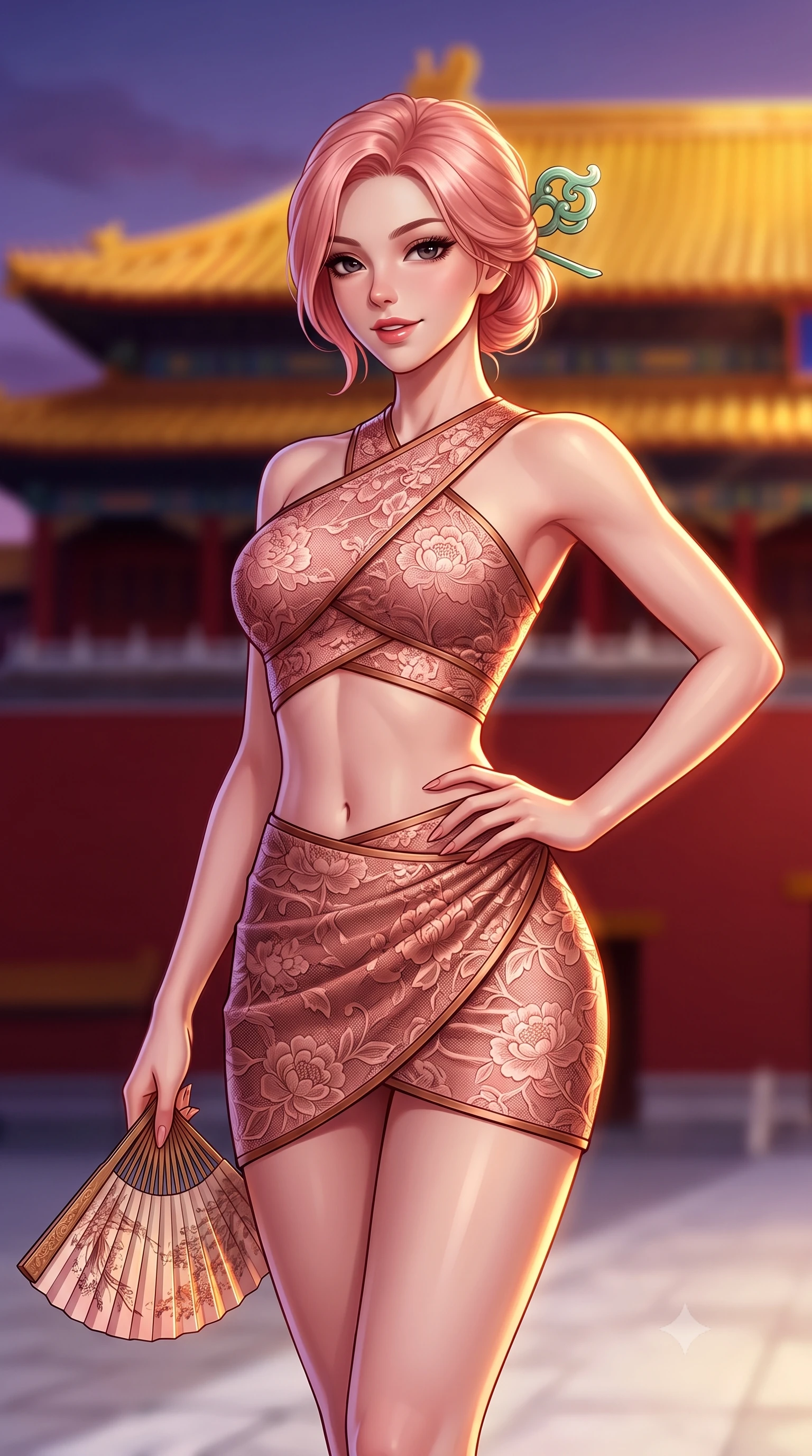 score_9, masterpiece, best quality, ultra-detailed, high-budget anime keyframe, semi-realistic 3D game render, editorial fashion photography, tasteful artistic composition, Japanese woman. close-up cowboy shot from the waist and thighs up, the character dominates the composition, filling the frame with her large presence. twisting her slender torso in an alluring contrapposto stance, one hand resting on her sculpted hip while holding a traditional silk folding fan with effortless poise while twisting her slender torso in an alluring contrapposto stance, twilight golden rays reflecting off imperial yellow glazed roof tiles onto her curves. The background shows a soft-focus the colossal Meridian Gate red walls and sweeping imperial yellow glazed roofs blurred into deep vermilion, ochre gold, and twilight violet bokeh. She has an exceptionally elegant, slender, and willowy female figure with an ultra-slim waist, flat toned midriff, narrow ribcage, and sculpted feminine hips creating an alluring, slim hourglass silhouette without bulk. sharp v-shaped jawline, high-bridge nose, intricate jewel-like dark sparkling almond eyes with depth, thick lashes, glossy parted lips with a natural rose-plum sheen, bright alluring and coquettish smile with bedroom-eyes, exuding both timeless oriental elegance and sovereign high-fashion allure, flawlessly proportioned anatomical accuracy, strict slender model proportions, natural body alignment, perfectly sculpted long slender limbs, ultra-slim waistline, clean dynamic posture without body distortion. wearing a sleek two-piece set featuring an asymmetric cross-over crop top and a wrap-around micro skirt tracing her hips in dusty rose pink and burnished copper, woven from delicate semi-opaque floral lace with oriental peony patterns, featuring a modern sculptural jade hair pin securing her loose silky updo, the form-fitting tailored bodice adhering flawlessly to her sculpted flat midriff and slender torso, emphasizing her long leg lines and perfectly proportioned willowy build. illuminated by white marble ground bounce and sharp imperial-gold rim lighting defining her razor-sharp jawline, narrow waist, and curvy hips. highly saturated vibrant anime colors, detailed shading with soft gradients, rich glossy textures, high-contrast stereoscopic depth, volumetric dynamic lighting, master piece, 9:16 ratio