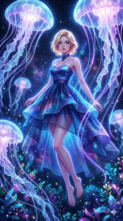 score_9, masterpiece, best quality, ultra-detailed, high-budget anime keyframe, Japanese woman. upper body close-up from the thighs up, character filling the screen for maximum presence. swirling gracefully among the glowing ribbon-like tentacles of 