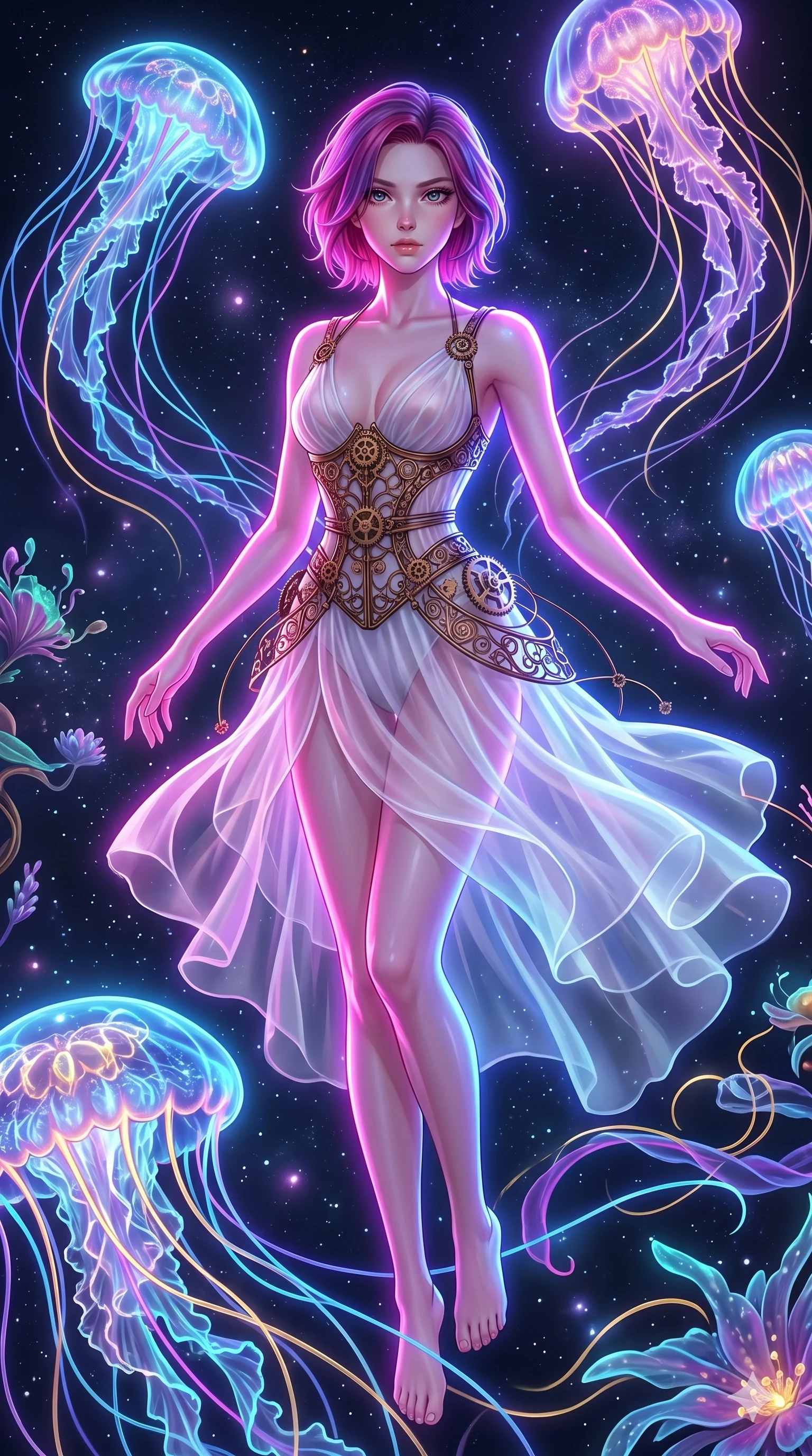 score_9, masterpiece, best quality, ultra-detailed, high-budget anime keyframe, Japanese woman. upper body close-up from the thighs up, character filling the screen for maximum presence. swirling gracefully among the glowing ribbon-like tentacles of giant bioluminescent jellyfish floating in a starry sky garden. She has an absolutely perfect 8-heads proportion, an exceptionally tall and slender female figure with impossibly long slender legs and an ultra-slim waist. V-shaped jawline, high-bridge nose, intricate jewel-like eyes with depth, thick eyelashes, glossy lips with a natural sheen.. wearing a chrono-gear wire harness couture, featuring micro-bronze gear wire harness cinching her waist, over a sheer white organza dress. bathed in brilliant cinematic volumetric lighting and intense neon rim light highlighting her slender form. 2k, ultra detail, master piece, 9:16 ratio
