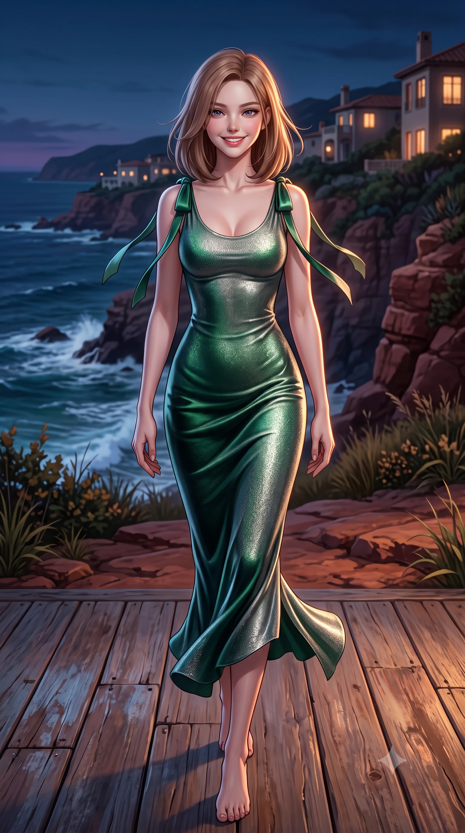 score_9, masterpiece, best quality, ultra-detailed, high-budget anime keyframe, semi-realistic 3D game render, editorial fashion photography, tasteful artistic composition, Korean woman. low angle full-body shot from head to toe showing her feet, filling the entire 9:16 vertical frame with her statuesque presence, stretching her vertical silhouette. stepping forward in a confident stride, her long slender legs and curvaceous hips creating a dynamic, sweeping vertical line while standing poised on the weathered teak deck at the edge of the wild red sandstone cliff, arching her spine with high-fashion ease as nocturnal ocean winds whip her gown. The surrounding environment is rendered in vivid detail and crisp panoramic clarity: detailed outfit silhouette, fabric cling or tailoring, and coastal architecture in high resolution. She has an exceptionally tall and slender model-like 8.5-heads proportion, an ultra-slim waist, a flat toned midriff, narrow delicate ribcage, and beautifully sculpted feminine hips creating a graceful, slim hourglass silhouette without any bulky heaviness, with impossibly long slender legs. sharp v-shaped jawline, high-bridge nose, intricate jewel-like sparkling eyes with depth, thick eyelashes, glossy parted lips with a natural peach sheen, bright cheerful beaming smile with an enchanting and coquettish sensual glint, exuding both youthful cute charm and seductive allure, flawlessly proportioned anatomical accuracy, strict slender model proportions, natural body alignment, perfectly sculpted long slender limbs, ultra-slim waistline, clean dynamic posture without body distortion. wearing a sculpted metallic lurex knit column dress clinging smoothly to her curves with radiant shimmer in Art Nouveau malachite green and antique starlight silver, tailored from ultra-plush silk velvet with rich tactile depth and deep shadow gradients, finished with satin ribbon ties at the shoulders fluttering in the gentle breeze, the impeccably tailored cut draping gracefully along her slender figure with aristocratic poise. illuminated by deck wood reflection bounce and sharp copper-gold rim lights sculpting her jawline, narrow waist, and curvy hips. highly saturated vibrant anime colors, detailed shading with soft gradients, rich glossy textures, high-contrast stereoscopic depth, volumetric dynamic lighting, master piece, 9:16 ratio