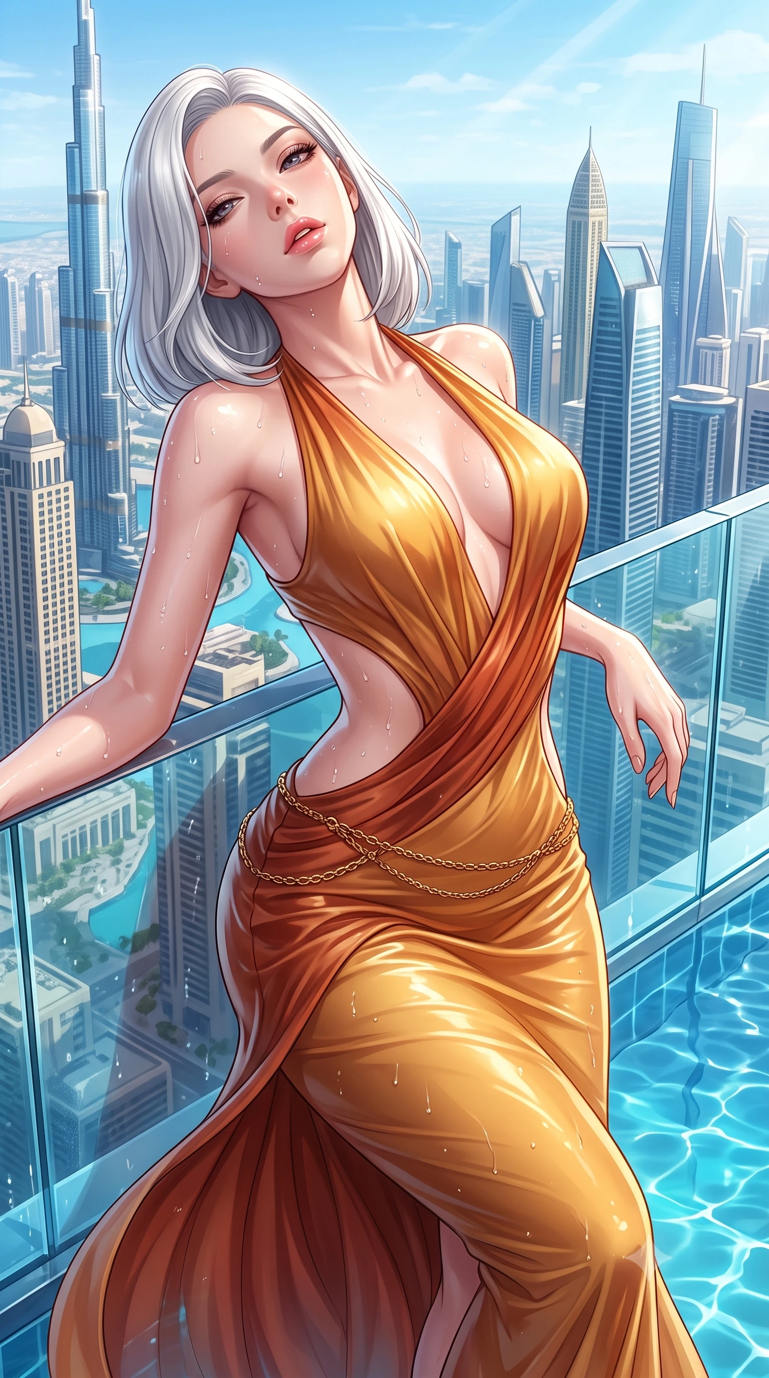 score_9, masterpiece, best quality, ultra-detailed, high-budget anime keyframe, semi-realistic 3D game render, editorial fashion photography, tasteful artistic composition, Korean woman. close-up cowboy shot from the waist and thighs up, the character dominates the composition, filling the frame with her large presence. leaning back with relaxed seductive grace, her sculpted collarbones and narrow waist highlighted as she casts smoldering bedroom-eyes directly into the camera while leaning back against the frameless glass infinity pool edge, tilting her head back with parted glossy lips as supertall megastructures sparkle below. The surrounding environment is rendered in vivid detail and crisp panoramic clarity. detailed wet swimwear sheen, glistening water beads on skin, and skyline architecture clarity in high resolution. She has an exceptionally elegant, slender, and willowy female figure with an ultra-slim waist, flat toned midriff, narrow ribcage, and sculpted feminine hips creating an alluring, slim hourglass silhouette without bulk. sharp v-shaped jawline, high-bridge nose, intricate jewel-like eyes with depth, thick eyelashes, glossy parted lips with a natural sheen, intensely captivating and seductive bedroom-eyes expression, flawlessly proportioned anatomical accuracy, strict slender model proportions, natural body alignment, perfectly sculpted long slender limbs, ultra-slim waistline, clean dynamic posture without body distortion. wearing a sculptured liquid-satin mermaid gown with an architectural open-waist cutout and bare spine in molten desert gold and burnt terracotta, woven from layered gossamer chiffon with a weightless sweeping drape, accented with a delicate gold chain belt resting loosely on her curvy hips, the glove-like aerodynamic silhouette tightly following the natural contour of her hips and long slender legs with statuesque 8.5-heads elegance. illuminated by intense specular pool water reflections sharply carving her razor-sharp jawline, narrow waist, and curvy hips. highly saturated vibrant anime colors, detailed shading with soft gradients, rich glossy textures, high-contrast stereoscopic depth, volumetric dynamic lighting, master piece, 9:16 ratio