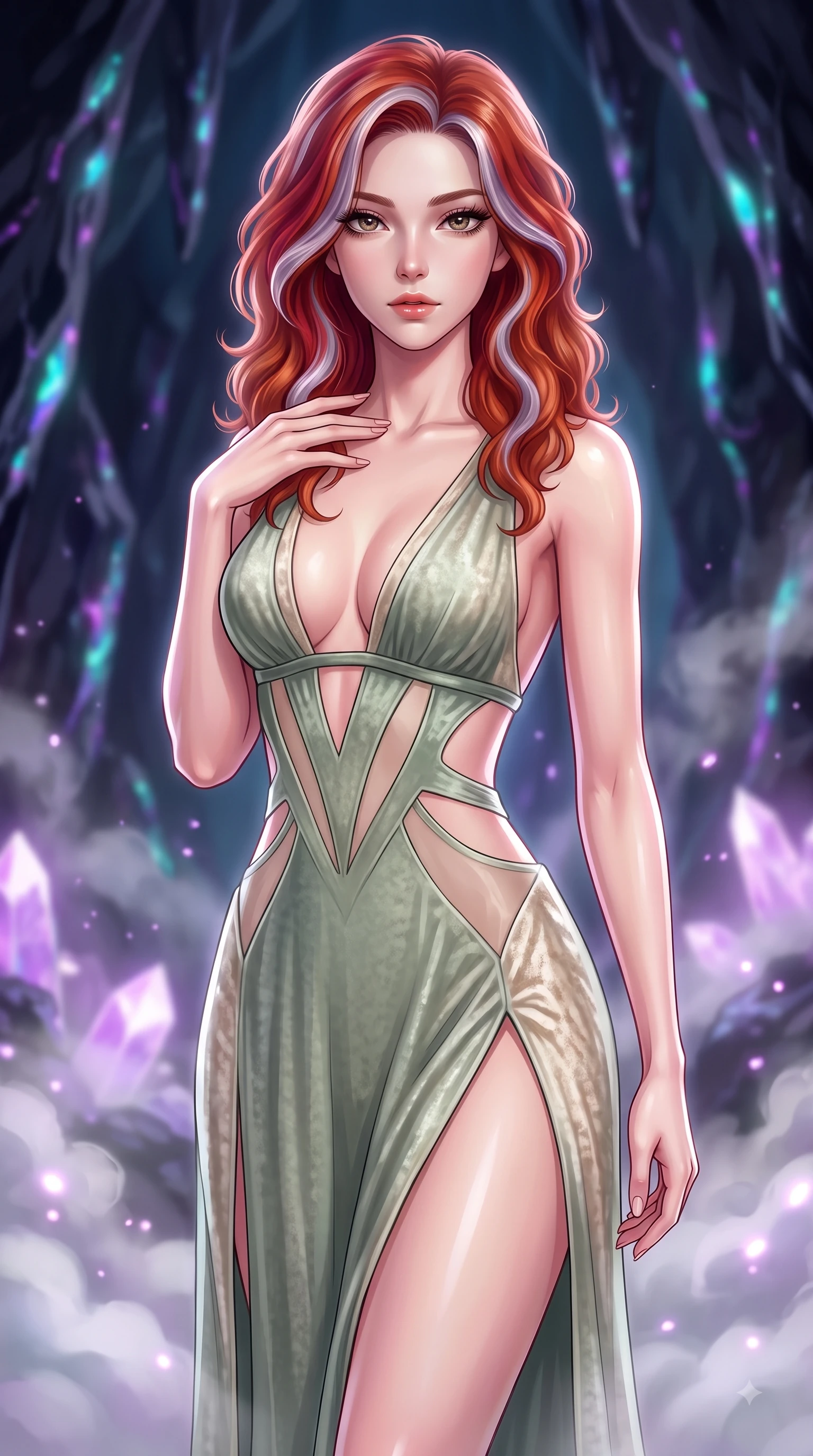 score_9, masterpiece, best quality, ultra-detailed, high-budget anime keyframe, editorial fashion photography, tasteful artistic composition, Caucasian woman. close-up cowboy shot from the waist and thighs up, the character dominates the composition, filling the frame with her large presence, background elements kept in soft focus. Pivoting her torso in an alluring S-curve alignment, one hand gently tracing her collarbone with poise while pivoting dynamically in a subterranean crystal cave as steam clouds scatter soft purple geode light, bioluminescent opal veins pulsing softly in the subterranean obsidian walls. She has an exceptionally elegant, slender, and willowy female figure with an ultra-slim waist, a gracefully sculpted slender torso, and a refined silhouette. sharp v-shaped jawline, high-bridge nose, intricate jewel-like eyes with depth, thick eyelashes, glossy lips with a natural sheen, flawlessly proportioned anatomical accuracy, natural body alignment, perfectly sculpted elegant limbs, clean dynamic posture without body distortion. wearing a backless crushed velvet gown with a deep V-neckline and high thigh slit in sage green and oatmeal, woven from fine semi-opaque sheer organza, featuring clean architectural cutouts along her slender torso, the glove-like fit emphasizing her statuesque silhouette during motion. surrounded by a tranquil, spa-like aura with bright specular rim lights. highly saturated vibrant anime colors, detailed shading with soft gradients, rich glossy textures, high-contrast stereoscopic depth, volumetric dynamic lighting, master piece, 9:16 ratio