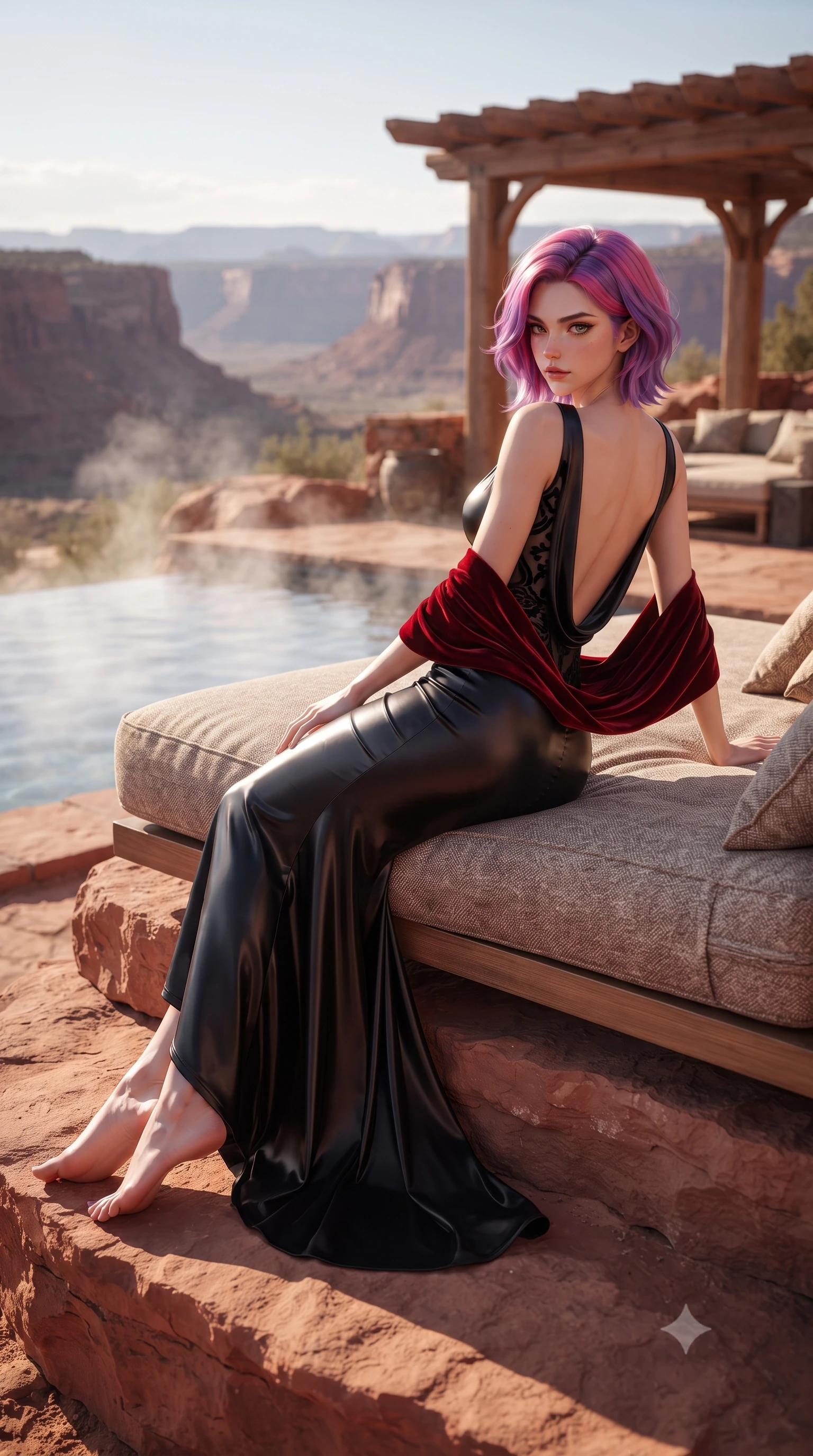 score_9, masterpiece, best quality, ultra-detailed, high-budget anime keyframe, editorial fashion photography, tasteful artistic composition, Caucasian woman. low angle full-body shot from head to toe showing her feet, filling the entire 9:16 vertical frame with her statuesque presence, stretching her vertical silhouette. sitting perched on the elevated edge with hips angled toward the camera and legs crossed, displaying her toned midriff and flawlessly sculpted slender limbs while reclining on a sun-warmed red rock terrace daybed propped on one elbow, arching her lower back to accentuate her curvy hips against the canyon panorama. The composition keeps background elements in soft focus with creamy bokeh. steaming pool water vapors and cedar shading pergolas softened in dreamy Southwestern shallow focus. She has an exceptionally tall and slender model-like 8.5-heads proportion, an ultra-slim waist, a flat toned midriff, narrow delicate ribcage, and beautifully sculpted feminine hips creating a graceful, slim hourglass silhouette without any bulky heaviness, with impossibly long slender legs. sharp v-shaped jawline, high-bridge nose, intricate jewel-like eyes with depth, thick eyelashes, glossy parted lips with a natural sheen, intensely captivating and seductive bedroom-eyes expression, flawlessly proportioned anatomical accuracy, strict slender model proportions, natural body alignment, perfectly sculpted long slender limbs, ultra-slim waistline, clean dynamic posture without body distortion. wearing a sculptured liquid-satin mermaid gown with an ultra-deep cowl back descending to the base of her spine in phantom obsidian black and blood-red velvet, made of sheer contouring power-mesh with velvet flocking patterns, complemented by a plush velvet shawl draped loosely over her elbows, the dramatically scooped open back descending to the base of her spine, accentuating her razor-sharp statuesque lines and slim hourglass silhouette. surrounded by an earthy, sacred, and deeply sensual desert goddess aura. ultra-reflective glossy finish, specular highlights, rich textural contrasts, high-contrast stereoscopic depth, volumetric dynamic lighting, 2k, ultra detail, master piece, 9:16 ratio