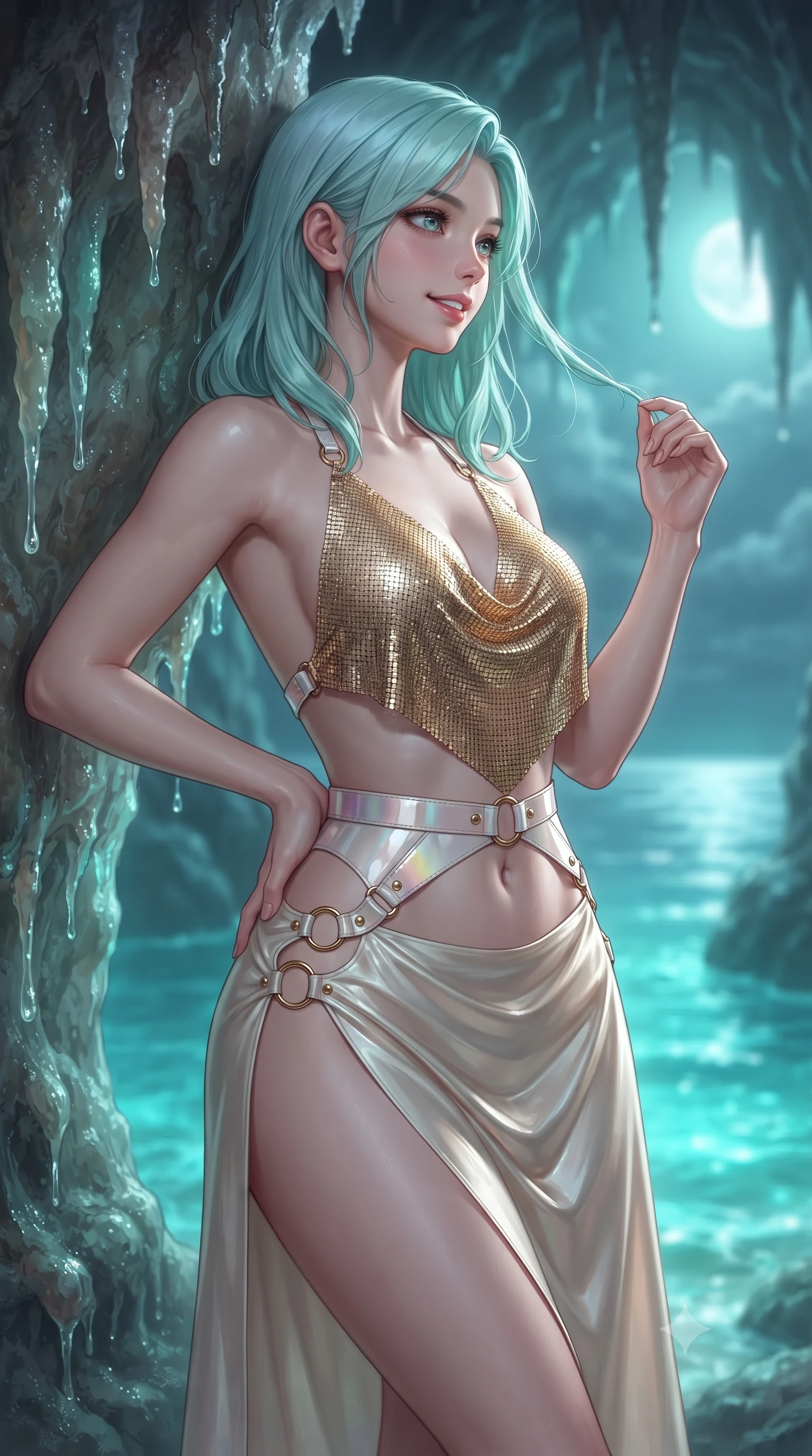 score_9, masterpiece, best quality, ultra-detailed, high-budget anime keyframe, editorial fashion photography, tasteful artistic composition, Japanese woman. close-up cowboy shot from the waist and thighs up, the character dominates the composition, filling the frame with her large presence. twisting her slender torso in an alluring contrapposto stance, one hand resting on her sculpted hip while her fingers toy with her hair with effortless poise while leaning against the moist cavern wall with hips cocked back, looking toward the open moonlit sea with hypnotic bedroom-eyes. The background shows a soft-focus dripping mineral stalactites softened in intimate mystical grotto shallow focus. She has an exceptionally elegant, slender, and willowy female figure with an ultra-slim waist, flat toned midriff, narrow ribcage, and sculpted feminine hips creating an alluring, slim hourglass silhouette without bulk. sharp v-shaped jawline, high-bridge nose, intricate jewel-like sparkling eyes with depth, thick eyelashes, glossy parted lips with a natural peach sheen, bright cheerful beaming smile with an enchanting and coquettish sensual glint, exuding both youthful cute charm and seductive allure, flawlessly proportioned anatomical accuracy, strict slender model proportions, natural body alignment, perfectly sculpted long slender limbs, ultra-slim waistline, clean dynamic posture without body distortion. wearing a shimmering liquid gold chainmail halter cowl top paired with a draped high-slit silk maxi skirt and waist harness in pure pearl alabaster and iridescent rose gold, crafted from high-tensile reflective patent leather with sleek specular highlights, finished with fine gold ring clasps securing the daring side openings along her hip line, the form-contouring silhouette accentuating her sculpted flat midriff, narrow delicate ribcage, and gracefully curvy hips with intoxicating allure. bathed in ethereal bioluminescent cyan-teal glow radiating from the sea water mixed with cool silver moonlight. ultra-reflective glossy finish, specular highlights, rich textural contrasts, high-contrast stereoscopic depth, volumetric dynamic lighting, 2k, ultra detail, master piece, 9:16 ratio