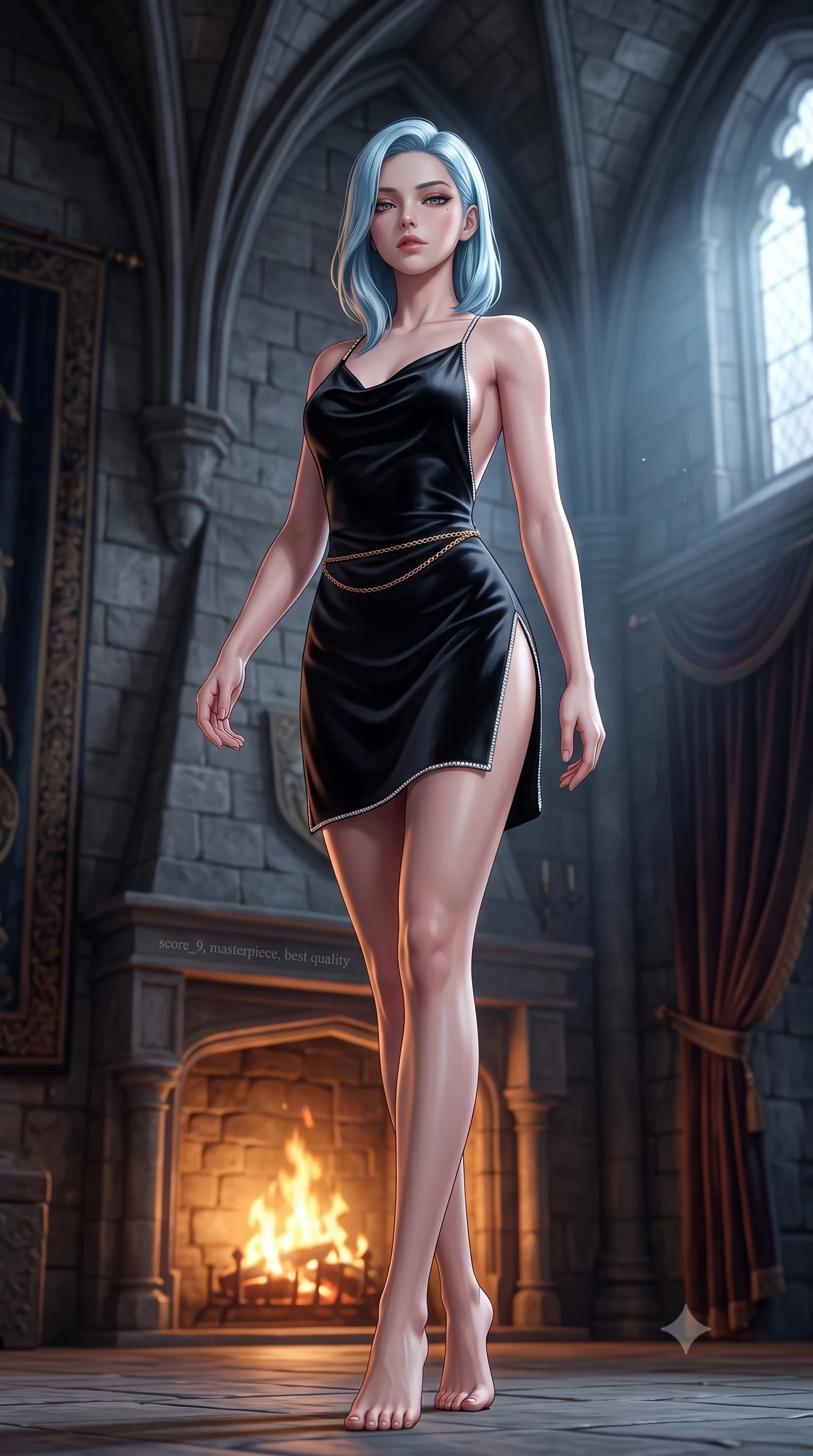 score_9, masterpiece, best quality, ultra-detailed, high-budget anime keyframe, semi-realistic 3D game render, editorial fashion photography, tasteful artistic composition, Korean woman. low angle full-body shot from head to toe showing her feet, filling the entire 9:16 vertical frame with her statuesque presence, stretching her vertical silhouette. striding forward in a proud supermodel runway stride, hips swaying in an alluring kinetic rhythm that accentuates her curvy hourglass silhouette while sitting high on an antique carved oak throne before a roaring stone fireplace with legs crossed, raising a crystal dram to her parted glossy lips while looking over her shoulder. The composition keeps background elements in soft focus with creamy bokeh. towering gothic stone rib vaults and heavy velvet tapestries softened in moody shallow focus. She has an exceptionally tall and slender model-like 8.5-heads proportion, an ultra-slim waist, a flat toned midriff, narrow delicate ribcage, and beautifully sculpted feminine hips creating a graceful, slim hourglass silhouette without any bulky heaviness, with impossibly long slender legs. sharp v-shaped jawline, high-bridge nose, intricate jewel-like eyes with depth, thick eyelashes, glossy parted lips with a natural sheen, intensely captivating and seductive bedroom-eyes expression, flawlessly proportioned anatomical accuracy, strict slender model proportions, natural body alignment, perfectly sculpted long slender limbs, ultra-slim waistline, clean dynamic posture without body distortion. wearing a backless cowl-neck satin slip dress featuring high-cut side hip slits and delicate criss-cross back straps in pitch-black velvet with diamond crystal trim, tailored from liquid silk jersey adhering flawlessly to her slender build, accented with a delicate gold chain belt resting loosely on her curvy hips, the liquid-tight tailored fabric clinging flawlessly to her narrow waist and rounded feminine hips, emphasizing every millimeter of her sculpted slim hourglass curves without any bulky heaviness. bathed in roaring stone hearth firelight from below and cool misty daylight streaming from towering castle windows. highly saturated vibrant anime colors, detailed shading with soft gradients, rich glossy textures, high-contrast stereoscopic depth, volumetric dynamic lighting, master piece, 9:16 ratio