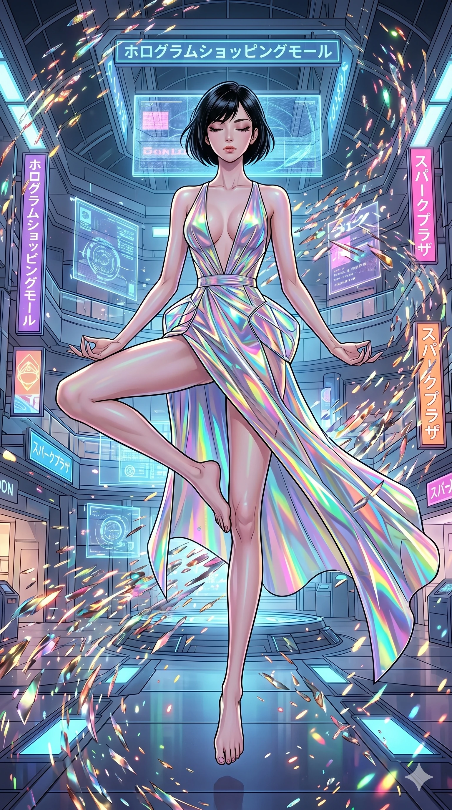 score_9, masterpiece, best quality, ultra-detailed, high-budget anime movie keyframe, cinematic anime lighting, intricate line art, Japanese woman. Dynamic full-body shot stretching the vertical silhouette across the 9:16 frame. meditating peacefully in a holographic shopping mall in a storm of sparks. She has an absolutely perfect 8-heads proportion, an exceptionally tall and slender female figure with an ultra-slim waist and impossibly long slender legs. sharp v-shaped jawline, high-bridge nose, intricate jewel-like eyes, thick eyelashes, glossy lips. Wearing avant-garde high-fashion gown made of iridescent vinyl with a dangerously high side slit and a plunging neckline, revealing an ultra-slim waist and long slender legs. The scene is illuminated by dramatic atmospheric lighting and vibrant color palettes. , 2k, ultra detail, master piece, 9:16 ratio