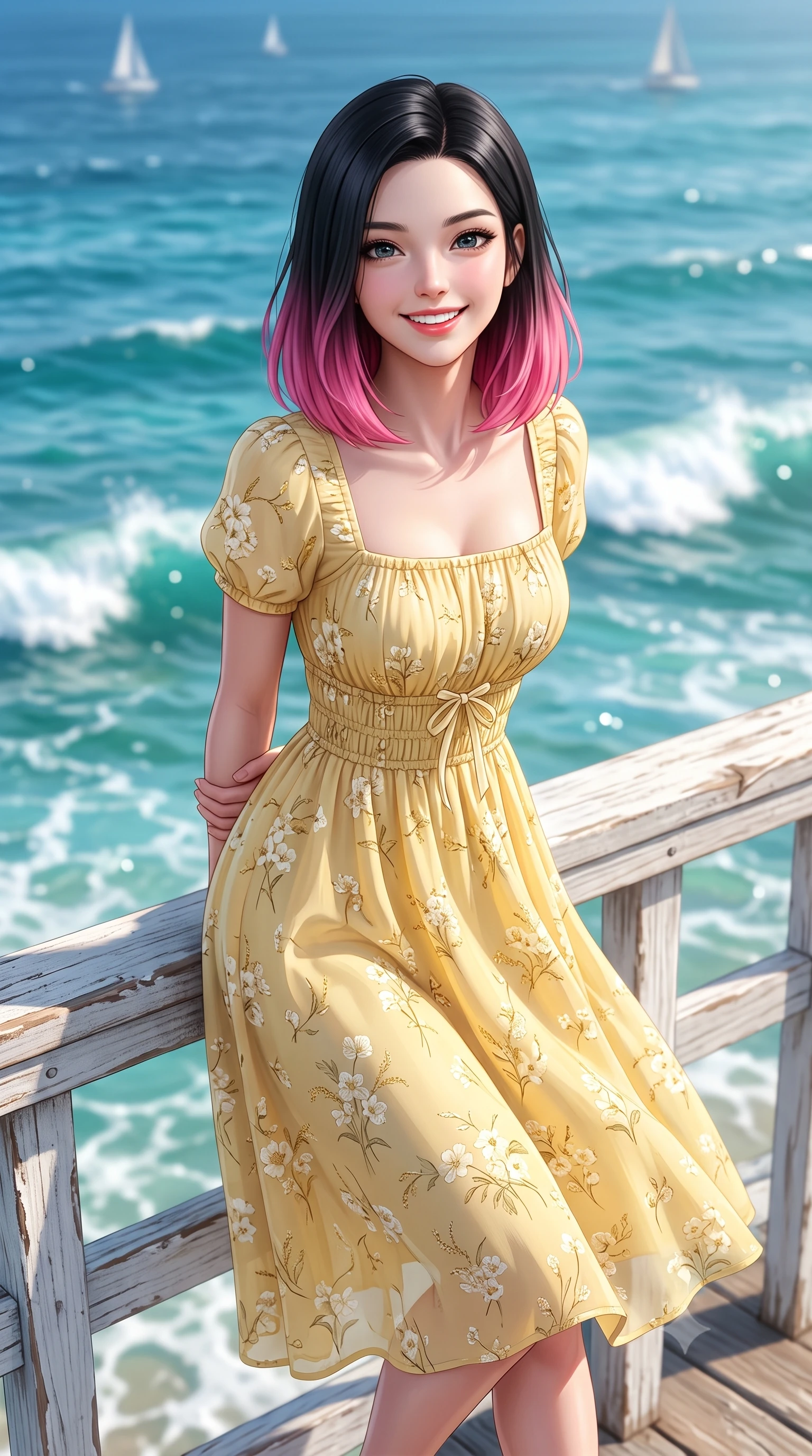 score_9, masterpiece, best quality, ultra-detailed, high-budget anime keyframe, semi-realistic 3D game render, editorial fashion photography, tasteful artistic composition, Korean woman. close-up cowboy shot from the waist and thighs up, the character dominates the composition, filling the frame with her large presence. clasping her hands behind her back and leaning forward playfully with a sweet, innocent girlhood expression while leaning against a rustic white wooden railing above crashing ocean waves, her smile as bright as the summer sun. The composition keeps background elements in soft focus with creamy bokeh. sparkling turquoise ocean waves and distant white sailboat silhouettes blurred into clean marine blue and seafoam bokeh. She has an exceptionally elegant, slender, and willowy female figure with an ultra-slim waist, a gracefully sculpted slender torso, toned flat midriff, and a refined slim silhouette. sharp v-shaped jawline, high-bridge nose, intricate jewel-like eyes with depth, thick eyelashes, glossy lips with a natural sheen, pure and lovely fresh girlhood expression, flawlessly proportioned anatomical accuracy, strict slender model proportions, natural body alignment, perfectly sculpted long slender limbs, ultra-slim waistline, clean dynamic posture without body distortion. wearing a sweet square-neck smocked midi dress decorated with delicate wildflower patterns in fresh buttercup yellow and clean cream white, made of fine lightweight chiffon with a soft fluid drape, accented with a dainty ribbon bow at the waistline, the breezy lightweight fabric fluttering softly against her delicate collarbones, narrow waist, and feminine curves. illuminated by crisp directional daylight defining her flawless features and slender silhouette. highly saturated vibrant anime colors, detailed shading with soft gradients, rich glossy textures, high-contrast stereoscopic depth, volumetric dynamic lighting, master piece, 9:16 ratio