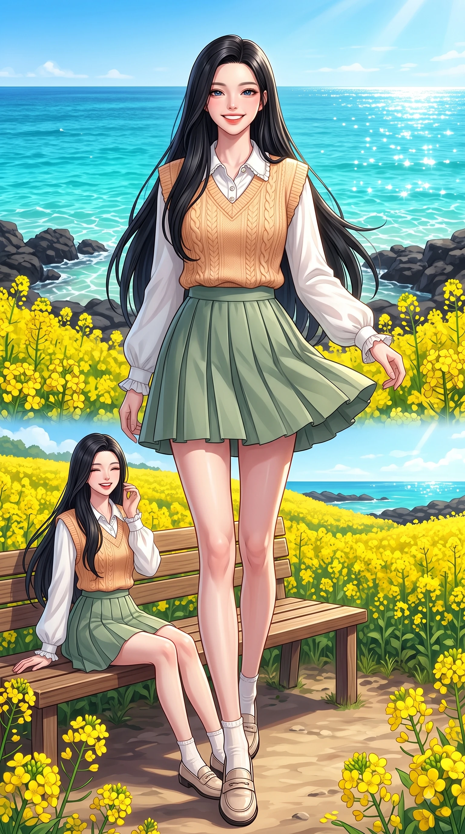 score_9, masterpiece, best quality, ultra-detailed, high-budget anime keyframe, editorial fashion photography, tasteful artistic composition, Korean woman. low angle full-body shot from head to toe showing her feet, filling the entire 9:16 vertical frame with her statuesque presence, stretching her vertical silhouette. walking forward in a proud dynamic stride with a cheerful beaming smile, her vertical silhouette filling the frame while sitting playfully on a wooden bench surrounded by yellow canola flower fields with a radiant beaming smile. The surrounding environment is rendered in vivid detail and crisp panoramic clarity. blooming yellow canola flower fields, dark basalt sea rocks, and crystal-clear turquoise ocean stretching to the horizon. She has an absolutely perfect, statuesque 8.5-heads proportion, an exceptionally tall and slender model-like female figure with impossibly long slender legs and an ultra-slim waist. sharp v-shaped jawline, high-bridge nose, intricate jewel-like eyes with depth, thick eyelashes, glossy lips with a natural sheen, flawlessly proportioned anatomical accuracy, natural body alignment, perfectly sculpted elegant limbs, clean dynamic posture without body distortion. wearing a vintage oversized knit sweater vest layered over a crisp white long-sleeve blouse and pleated skirt in warm apricot and sage green, tailored from crisp cotton poplin, finished with subtle ruffle trims and delicate pearl buttons, the breezy lightweight fabric fluttering softly against her delicate frame. bathed in brilliant tropical sunshine and glittering ocean water refractions. highly saturated vibrant anime colors, detailed shading with soft gradients, rich glossy textures, high-contrast stereoscopic depth, volumetric dynamic lighting, master piece, 9:16 ratio