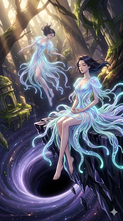 score_9, masterpiece, best quality, ultra-detailed, Set A: High-budget Anime Keyframe, Korean woman. Low angle cowboy shot filling the entire 9:16 frame with her statuesque presence. Theme: Historical Remix. meditating in the edge of a black hole, as