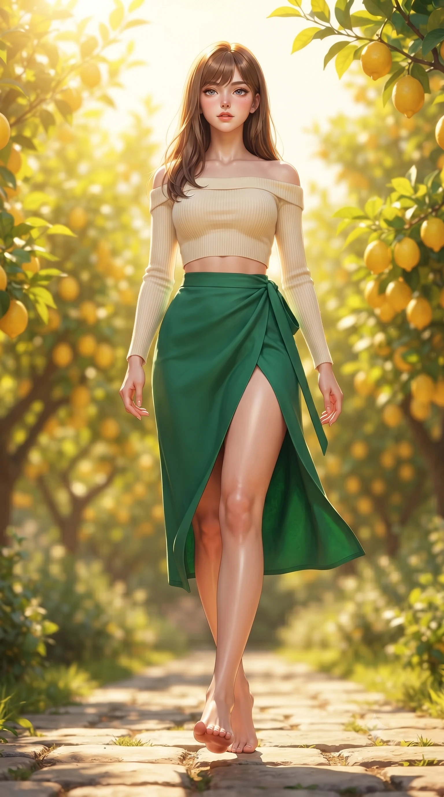 score_9, masterpiece, best quality, ultra-detailed, high-budget anime keyframe, editorial fashion photography, tasteful artistic composition, Korean woman woman. low angle full-body shot from head to toe showing her feet, filling the entire 9:16 vertical frame with her statuesque presence, stretching her vertical silhouette. stepping gracefully across a stone path in the garden the background shows a soft-focus an orchard path lined with lemon trees heavy with ripe yellow fruit in Provence. She has an absolutely perfect, statuesque 8.5-heads proportion, an exceptionally tall and slender model-like female figure with impossibly long slender legs and an ultra-slim waist. sharp v-shaped jawline, high-bridge nose, intricate jewel-like eyes with depth, thick eyelashes, glossy lips with a natural sheen. wearing a slim-fit cropped off-shoulder knit top in cream paired with a high-slit wrap skirt in emerald green. bright lemon-yellow sunlight bathing the orchard in a warm glow. ultra-reflective glossy finish, specular highlights, metallic sheen, high-contrast stereoscopic depth, volumetric dynamic lighting, 2k, ultra detail, master piece, 9:16 ratio