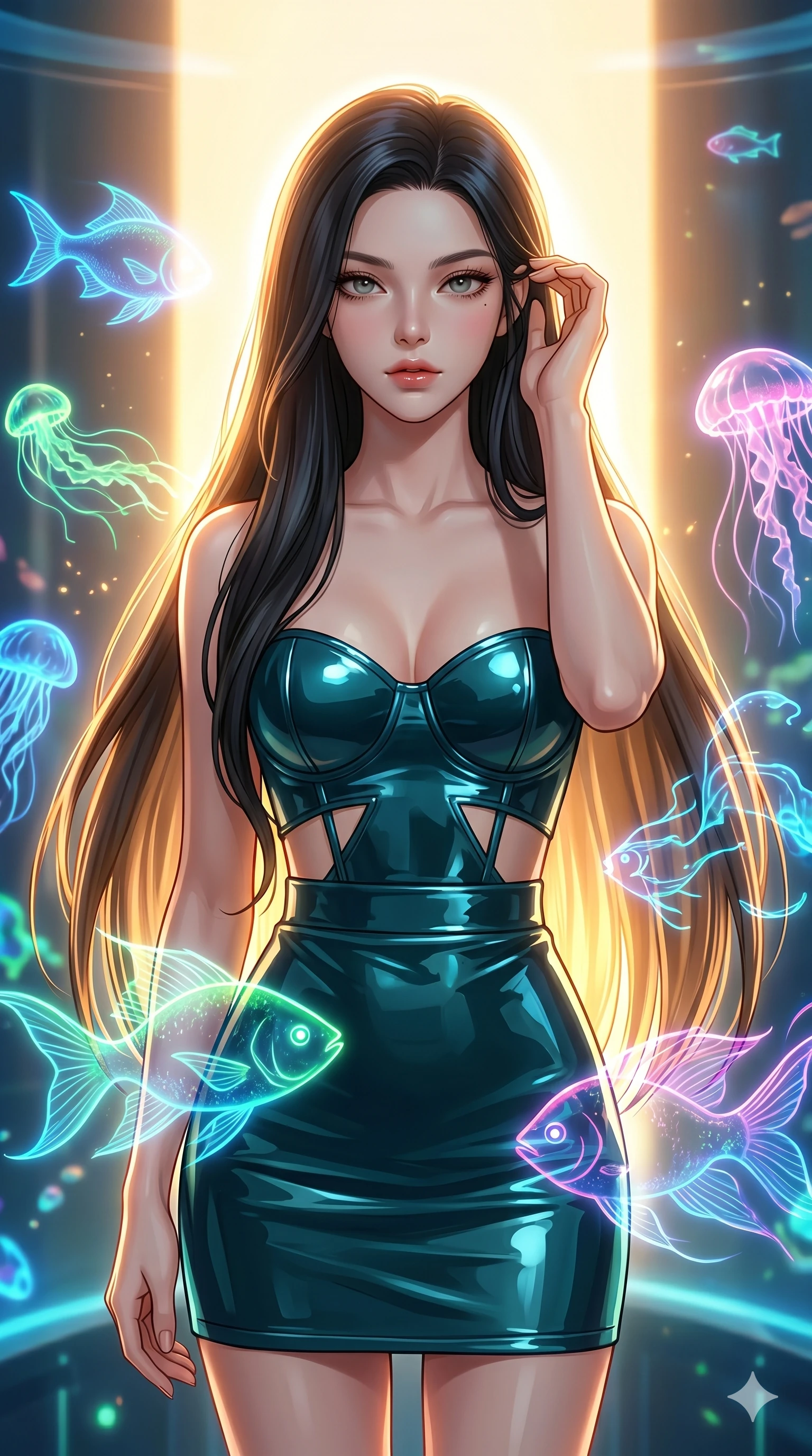 score_9, masterpiece, best quality, ultra-detailed, high-budget anime keyframe, editorial fashion photography, tasteful artistic composition, Korean woman. cowboy shot from the thighs up, character and outfit filling the frame for maximum editorial presence. Lifting one hand to gently tuck a strand of hair behind her ear, her movements fluid and slow within a holographic aquarium where virtual marine life glows in neon colors. She has an absolutely perfect 8-heads proportion, an exceptionally tall and slender female figure with impossibly long slender legs and an ultra-slim waist. V-shaped jawline, high-bridge nose, intricate jewel-like eyes with depth, thick eyelashes, glossy lips with a natural sheen. wearing a structured bustier dress in high-gloss dark teal with a geometric cutout at the midriff. under warm golden hour backlighting, creating a luminous, radiant halo around her silhouette. 2k, ultra detail, master piece, 9:16 ratio