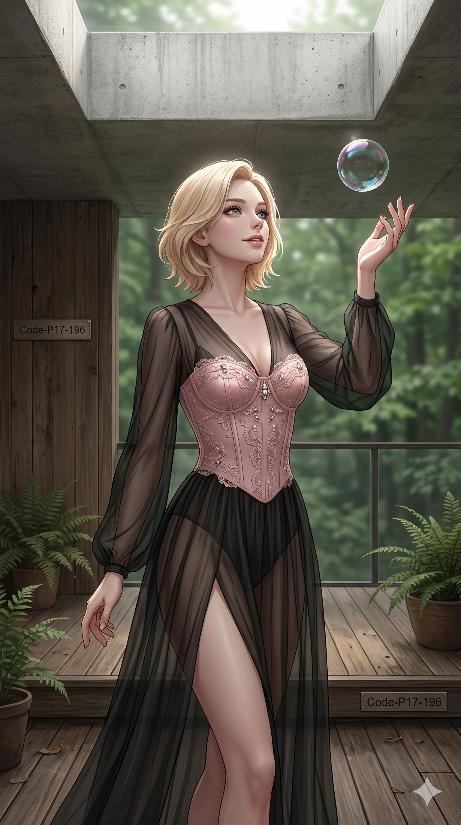 score_9, masterpiece, best quality, ultra-detailed, high-budget anime keyframe, editorial fashion photography, tasteful artistic composition, Caucasian woman, strictly human ears. cowboy shot from the thighs up, character and outfit filling the frame for maximum editorial presence. reaching a hand towards a floating bubble, looking at it with a quiet smile on a secluded deck of a forest retreat (Code-P17-196). She has an absolutely perfect 8-heads proportion, an exceptionally tall and slender female figure with impossibly long slender legs and an ultra-slim waist. V-shaped jawline, high-bridge nose, intricate jewel-like eyes with depth, thick eyelashes, glossy lips with a natural sheen. wearing a sheer chiffon dress with a pink corset bodice. soft diffused light from a concrete skylight, highlighting her V-shaped jawline and nose. 2k, ultra detail, master piece, 9:16 ratio
