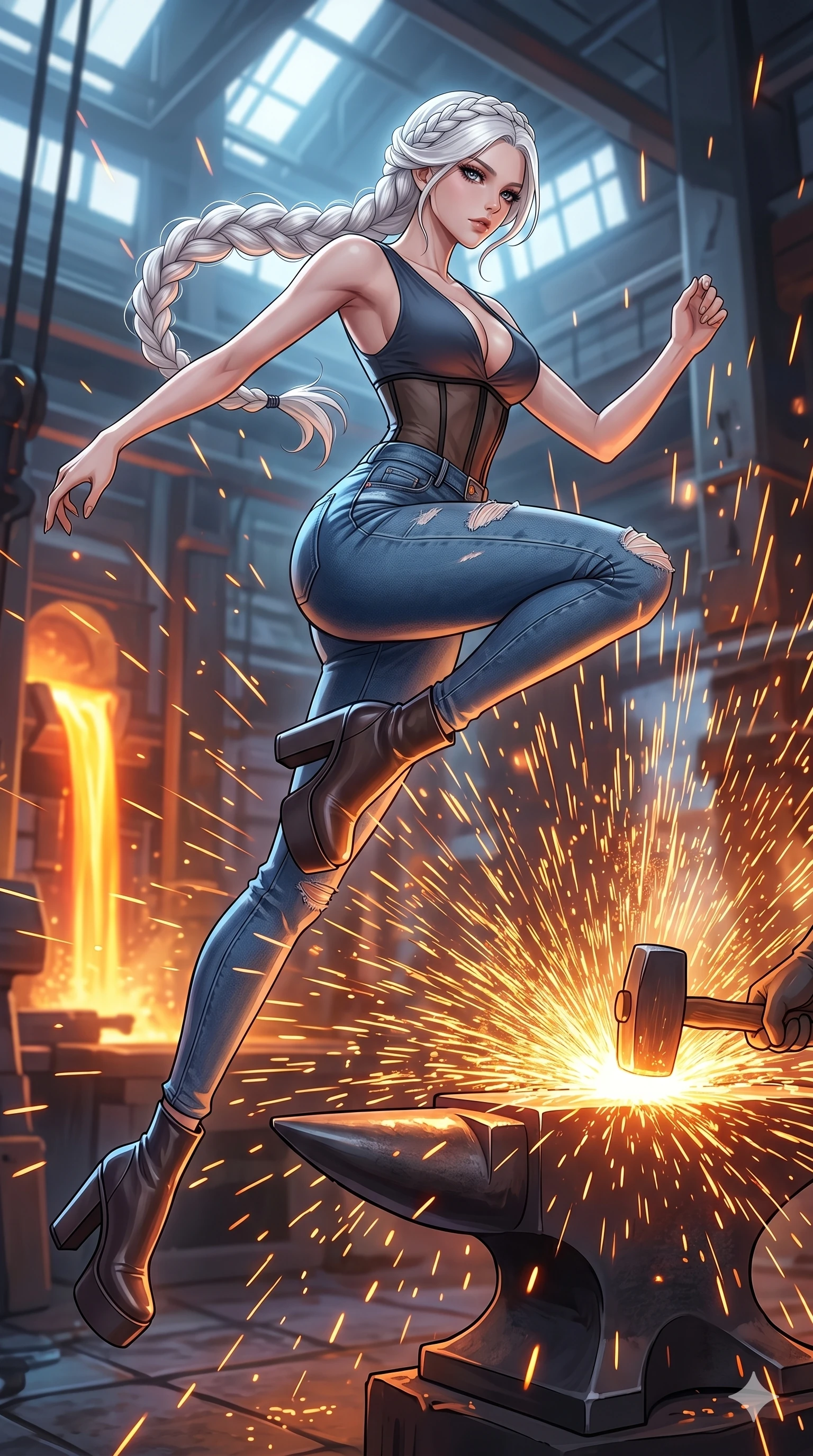 score_9, masterpiece, best quality, ultra-detailed, Set C: High-budget Anime Keyframe, Korean woman. Low angle cowboy shot filling the entire 9:16 frame with her statuesque presence. Leaping through a shower of sparks from a giant blacksmith's forge in an industrial palace. She has an absolutely perfect 8-heads proportion, an exceptionally tall and slender female figure with impossibly long slender legs and an ultra-slim waist. Sharp v-shaped jawline, high-bridge nose, intricate jewel-like eyes with depth, thick eyelashes, glossy lips. Wearing an Urban Trendsetter outfit: deep-cut bodycon dress with high-waist denim and sheer corset. Background is a bright and colorful forge with glowing molten metal and thousands of orange sparks. 2k, ultra detail, master piece, 9:16 ratio