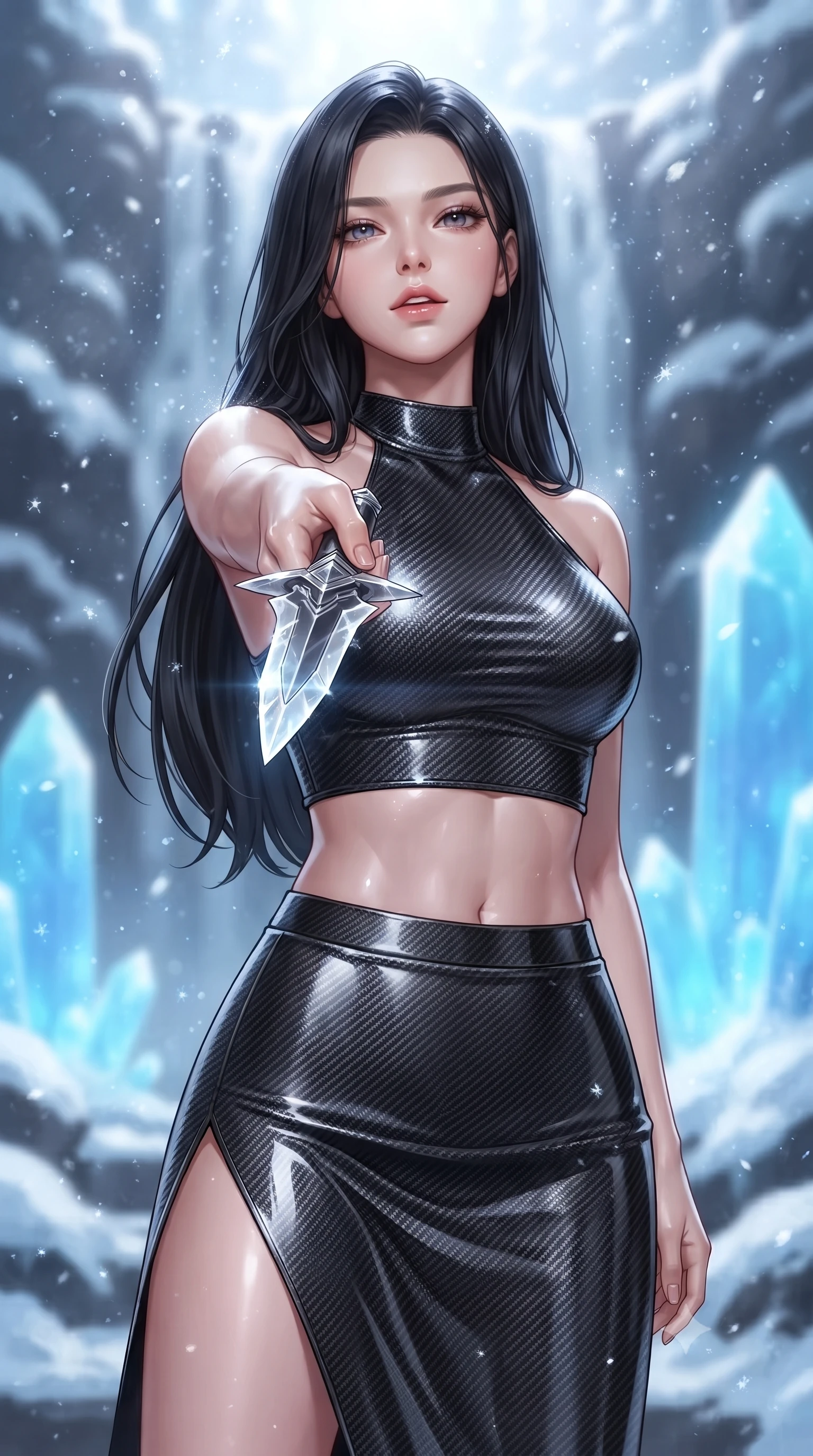score_9, masterpiece, best quality, ultra-detailed, high-budget anime keyframe, editorial fashion photography, tasteful artistic composition, Korean woman. close-up cowboy shot from the waist and thighs up, the character dominates the composition, filling the frame with her large presence, background elements kept in soft focus. pointing a crystal-edged laser dagger forward in a defensive stance, tilting her chin up slightly with lips parted in a composed pose, the background shows a soft-focus a waterfall peak deck with snow drifts and blue quartz pillars. She has an exceptionally elegant, slender, and willowy female figure with an ultra-slim waist, a gracefully sculpted slender torso, and a refined silhouette. sharp v-shaped jawline, high-bridge nose, intricate jewel-like eyes with depth, thick eyelashes, glossy lips with a natural sheen. wearing a slim-fit carbon-fiber halter-neck crop top paired with a matching high-slit midi skirt, revealing her slim waist. bright morning starlight highlighting white snow and blue crystal in vivid tones. ultra-reflective glossy finish, specular highlights, metallic sheen, high-contrast stereoscopic depth, volumetric dynamic lighting, 2k, ultra detail, master piece, 9:16 ratio