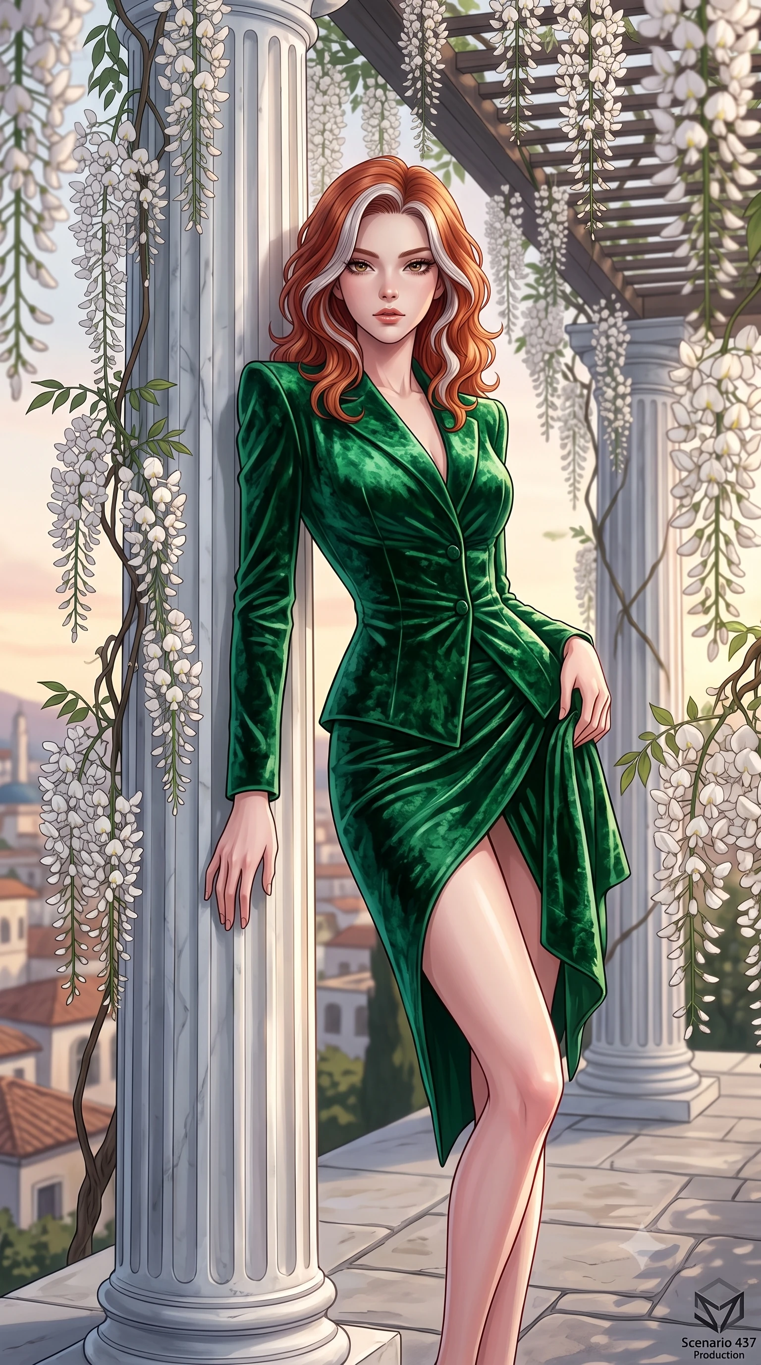 score_9, masterpiece, best quality, ultra-detailed, High-budget Anime Keyframe, Caucasian woman, strictly human ears. Low angle cowboy shot filling the entire 9:16 frame with her statuesque presence. Scenario 437: leaning against a cold marble pillar inside a quiet balcony surrounded by trailing white wisteria flowers. Her presence is magnetic and overpowering in this high-budget anime scene. Outfit 437: a tailored emerald green crushed velvet jacket featuring a high-slit skirt and structured shoulders. The clothing is designed to emphasize her exceptionally tall and slender 8-heads proportion. 8-heads proportion, towering silhouette, ultra-slim waist. sharp v-shaped jawline, intricate jewel-like eyes with depth, thick eyelashes, glossy lips. 2k, ultra detail, master piece, 9:16 ratio