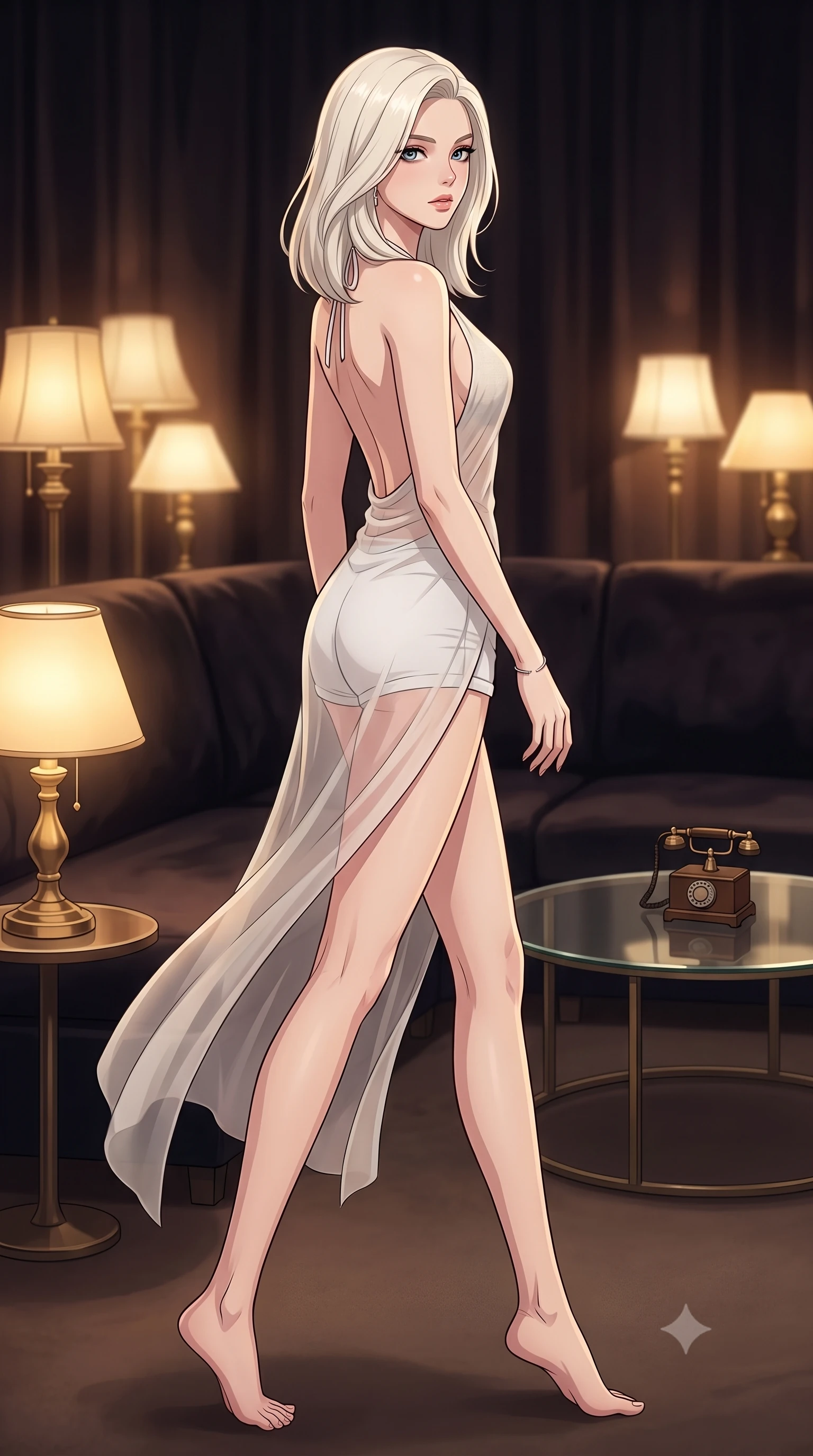 score_9, masterpiece, best quality, ultra-detailed, high-budget anime keyframe, tasteful artistic composition, Caucasian woman. low angle full-body shot from head to toe showing her feet, filling the entire 9:16 vertical frame with her statuesque presence, stretching her vertical silhouette. stepping gracefully while looking back over her shoulder, her dress draped tightly to reveal her silhouette the background shows a soft-focus a dark velvet lounge corner with vintage lamps and a round glass coffee table. She has an absolutely perfect, statuesque 8.5-heads proportion, an exceptionally tall and slender model-like female figure with impossibly long slender legs and an ultra-slim waist. sharp v-shaped jawline, high-bridge nose, intricate jewel-like eyes with depth, thick eyelashes, glossy lips with a natural sheen. wearing a slim-fit stylish linen halter top with an open-back design, paired with white micro-shorts. low-contrast warm ambient glow creating a calm and relaxed mood. highly saturated vibrant anime colors, cel-shading, 2d style, master piece, 9:16 ratio