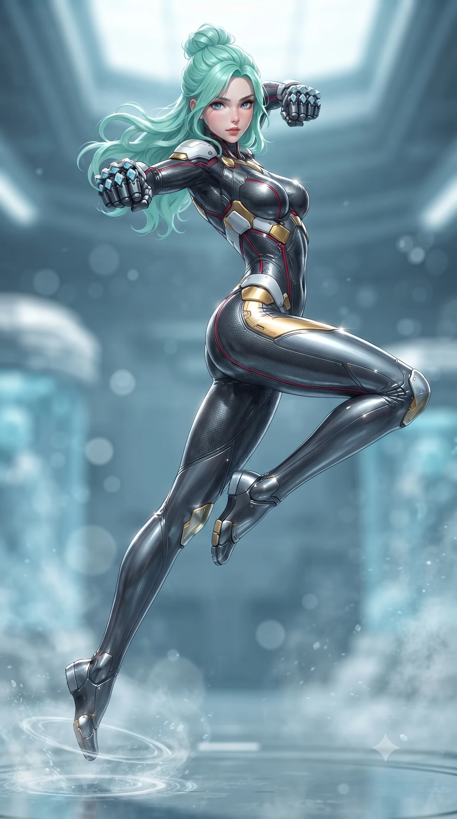 score_9, masterpiece, best quality, ultra-detailed, high-budget anime keyframe, editorial fashion photography, tasteful artistic composition, Japanese woman. low angle full-body shot from head to toe showing her feet, filling the entire 9:16 vertical frame with her statuesque presence, stretching her vertical silhouette. leaping into mid-air with an athletic yet alluring arch of her spine, driving a downward kinetic strike surrounded by a ring of displaced air while arching her spine in a fluid martial stretch as sub-zero energy crystals form along her carbon knuckle guards. The composition keeps background elements in soft focus with creamy bokeh. drifting cryogenic frost vapor and frozen glass pods blurred into radiant cyan, silver, and pale blue bokeh. She has an absolutely perfect, statuesque 8.5-heads proportion, an exceptionally tall and slender model-like female figure with impossibly long slender legs, a toned flat midriff, and an ultra-slim waist. sharp v-shaped jawline, high-bridge nose, intricate jewel-like eyes with depth, thick eyelashes, glossy lips with a natural sheen, flawlessly proportioned anatomical accuracy, strict slender model proportions, natural body alignment, perfectly sculpted long slender limbs, ultra-slim waistline, clean dynamic posture without body distortion. wearing a second-skin dark gunmetal carbon-weave battle-suit with crimson laser conduits and high-frequency knuckle strike plates in arctic white carbon composite with radiant solar gold plating, tailored from flexible second-skin carbon-mesh that clings flawlessly to her athletic curves, finished with high-mobility flexible limb seams and miniature magnetic armor locks, the glove-like aerodynamic second-skin fit tightly clinging to her ultra-slender waist and athletic curves without adding bulk, accentuating her razor-sharp statuesque lines and slim hourglass silhouette. illuminated by crisp specular ice refractions outlining her ultra-slim waist, long legs, and flat midriff. ultra-reflective glossy finish, specular highlights, dark metallic sheen, high-contrast stereoscopic depth, volumetric dynamic lighting, 2k, ultra detail, master piece, 9:16 ratio