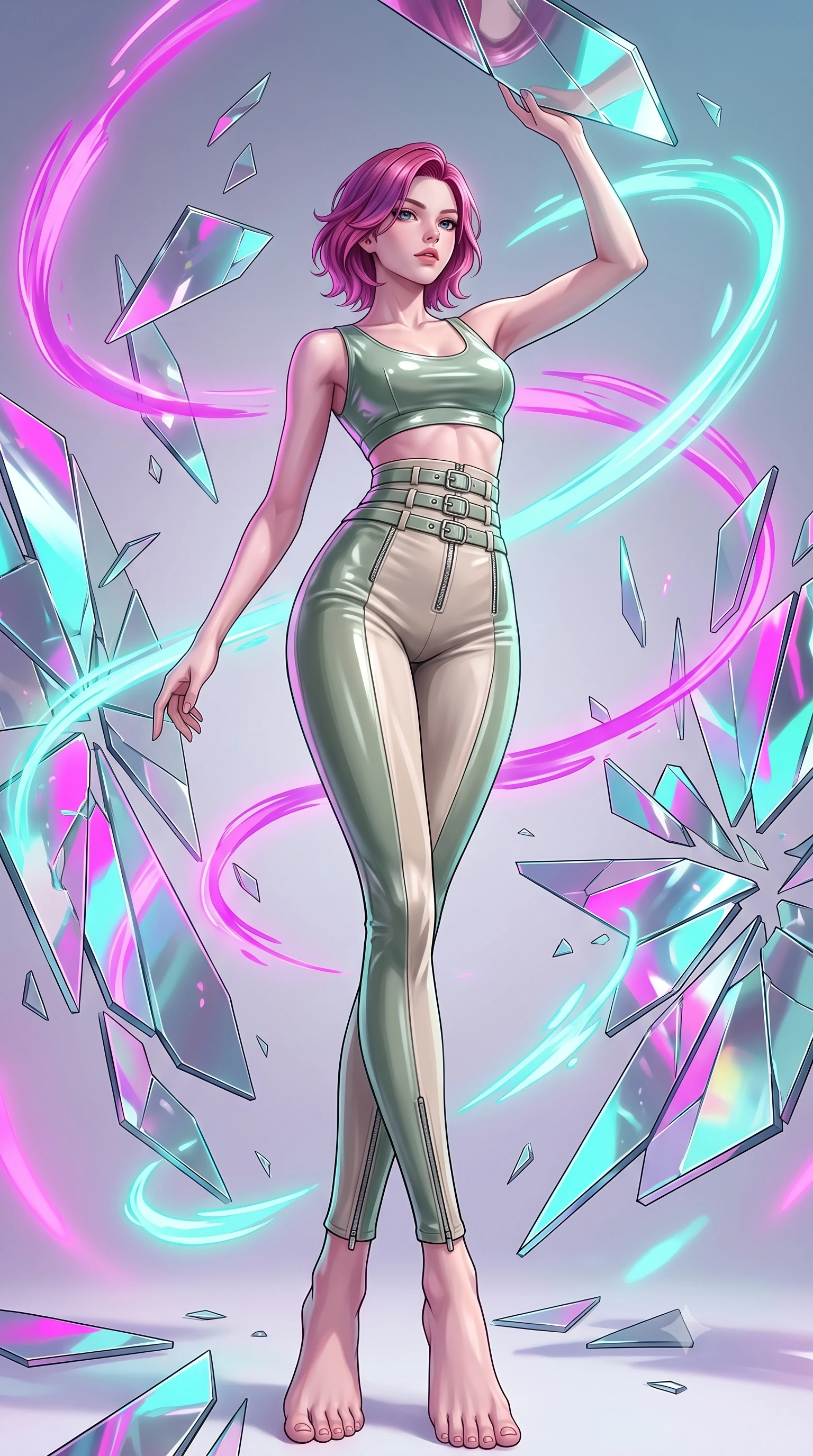 score_9, masterpiece, best quality, ultra-detailed, high-budget anime keyframe, editorial fashion photography, tasteful artistic composition, Caucasian woman. low angle full-body shot from head to toe showing her feet, filling the entire 9:16 vertical frame with her statuesque presence, stretching her vertical silhouette. interacting gracefully with the magical floating elements while maintaining a confident posture surrounded by rotating shattered mirror sculptures reflecting bright acrylic colors, glowing neon brushstrokes floating poetically around her silhouette. She has an absolutely perfect, statuesque 8.5-heads proportion, an exceptionally tall and slender model-like female figure with impossibly long slender legs and an ultra-slim waist. sharp v-shaped jawline, high-bridge nose, intricate jewel-like eyes with depth, thick eyelashes, glossy lips with a natural sheen. wearing a glossy vinyl crop top and high-waist tailored leggings with sleek zippers in sage green and oatmeal, made of premium stretch velvet with a rich sheen, detailed with polished silver buckles along the waistline, the glove-like fit emphasizing her statuesque silhouette. surrounded by a radiant glow of magenta and aqua fluid highlights. highly saturated vibrant anime colors, detailed shading with soft gradients, rich glossy textures, high-contrast stereoscopic depth, volumetric dynamic lighting, master piece, 9:16 ratio