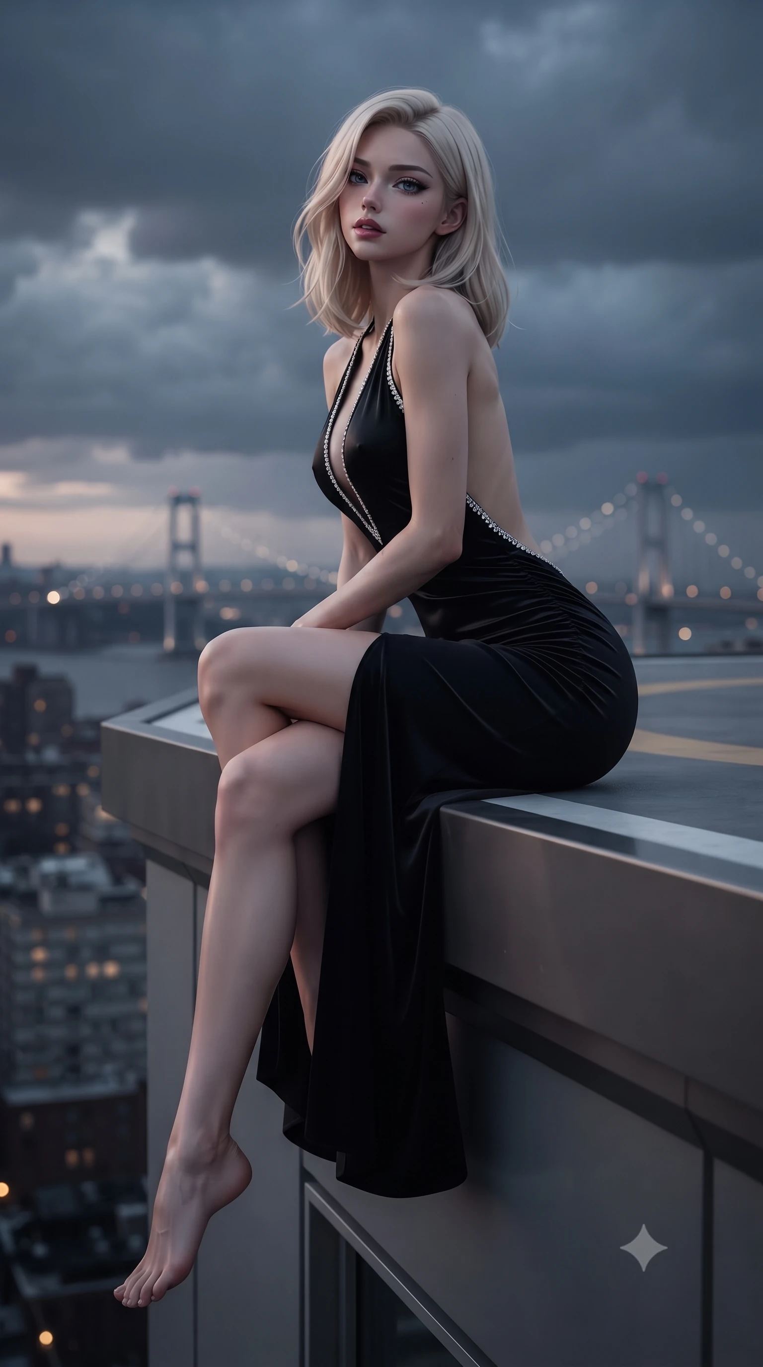 score_9, masterpiece, best quality, ultra-detailed, high-budget anime keyframe, editorial fashion photography, tasteful artistic composition, Caucasian woman. low angle full-body shot from head to toe showing her feet, filling the entire 9:16 vertical frame with her statuesque presence, stretching her vertical silhouette. posing with back turned slightly to the lens, glancing back with smoldering allure as she arches her lower back to emphasize her sculpted feminine hips and slender waist while sitting perched on the raised helipad edge with one knee drawn up and long legs angled down, her narrow waist and curved hips sculpted by wind. The composition keeps background elements in soft focus with creamy bokeh. passing low storm clouds and distant suspension bridge lights softened in dramatic atmospheric depth. She has an exceptionally tall and slender model-like 8.5-heads proportion, an ultra-slim waist, a flat toned midriff, narrow delicate ribcage, and beautifully sculpted feminine hips creating a graceful, slim hourglass silhouette without any bulky heaviness, with impossibly long slender legs. sharp v-shaped jawline, high-bridge nose, intricate jewel-like eyes with depth, thick eyelashes, glossy parted lips with a natural sheen, intensely captivating and seductive bedroom-eyes expression, flawlessly proportioned anatomical accuracy, strict slender model proportions, natural body alignment, perfectly sculpted long slender limbs, ultra-slim waistline, clean dynamic posture without body distortion. wearing a plunging halter-neck metallic lamé column dress with a dramatic bare spine and hip-defining ruching in pitch-black velvet with diamond crystal trim, tailored from liquid silk jersey adhering flawlessly to her slender build, finished with delicate crystal frost embroidery tracing the plunging neckline, the precision-cut side openings and low-back scoop framing her graceful spine and the sensual sweep of her slim, toned hips. illuminated by crisp directional wind-edge highlights sculpting her bare collarbones, slender waist, and curvy hips. ultra-reflective glossy finish, specular highlights, rich textural contrasts, high-contrast stereoscopic depth, volumetric dynamic lighting, 2k, ultra detail, master piece, 9:16 ratio