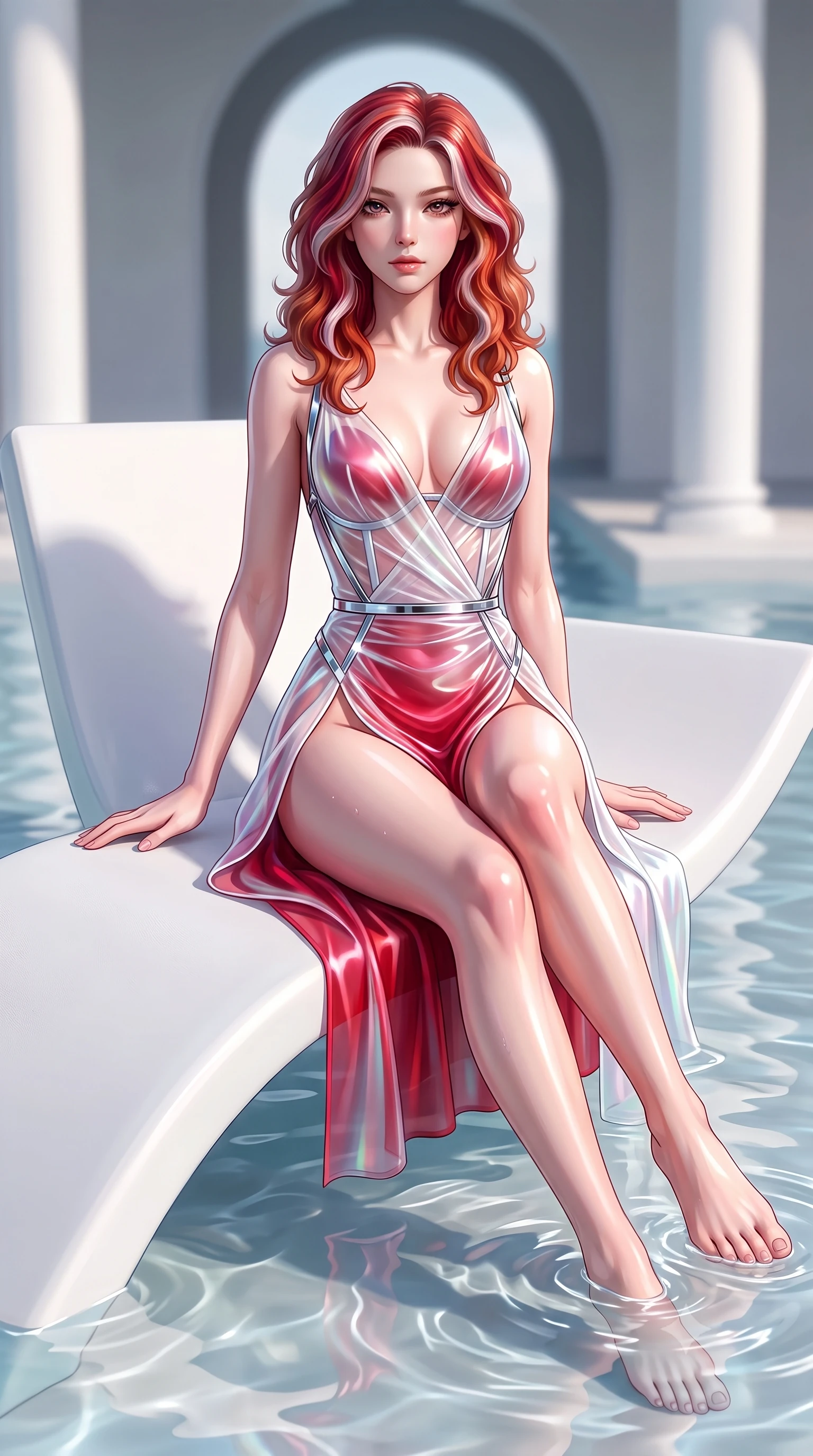 score_9, masterpiece, best quality, ultra-detailed, high-budget anime keyframe, semi-realistic 3D game render, editorial fashion photography, tasteful artistic composition, Caucasian woman. close-up cowboy shot from the waist and thighs up, the character dominates the composition, filling the frame with her large presence. gazing directly into the lens with bedroom eyes and a breathtaking, dangerous allure that commands the entire composition while lounging gracefully on a floating white lounger as clear shallow water ripples around her slender ankles. The composition keeps background elements in soft focus with creamy bokeh. modern water pavilion arches and white minimalist columns softened by shallow depth of field. She has an exceptionally elegant, slender, and willowy female figure with an ultra-slim waist, a gracefully sculpted slender torso, toned flat midriff, and a refined slim silhouette. sharp v-shaped jawline, high-bridge nose, intricate jewel-like eyes with depth, thick eyelashes, glossy lips with a natural sheen, flawlessly proportioned anatomical accuracy, strict slender model proportions, natural body alignment, perfectly sculpted long slender limbs, ultra-slim waistline, clean dynamic posture without body distortion. wearing a translucent iridescent organza wrap dress with structured bustier boning, plunging neckline, and high-cut dual leg slits in radiant crimson silk and crisp snow white, made of liquid metal jersey that clings flawlessly to every contour of her build, reinforced by a sleek metallic chrome harness and delicate glowing micro-straps, the form-contouring material adhering flawlessly to her sculpted flat midriff and slender torso, emphasizing her long leg lines and perfectly proportioned willowy build. illuminated by clear directional key light with brilliant specular highlights on glass and water. highly saturated vibrant anime colors, detailed shading with soft gradients, rich glossy textures, high-contrast stereoscopic depth, volumetric dynamic lighting, master piece, 9:16 ratio