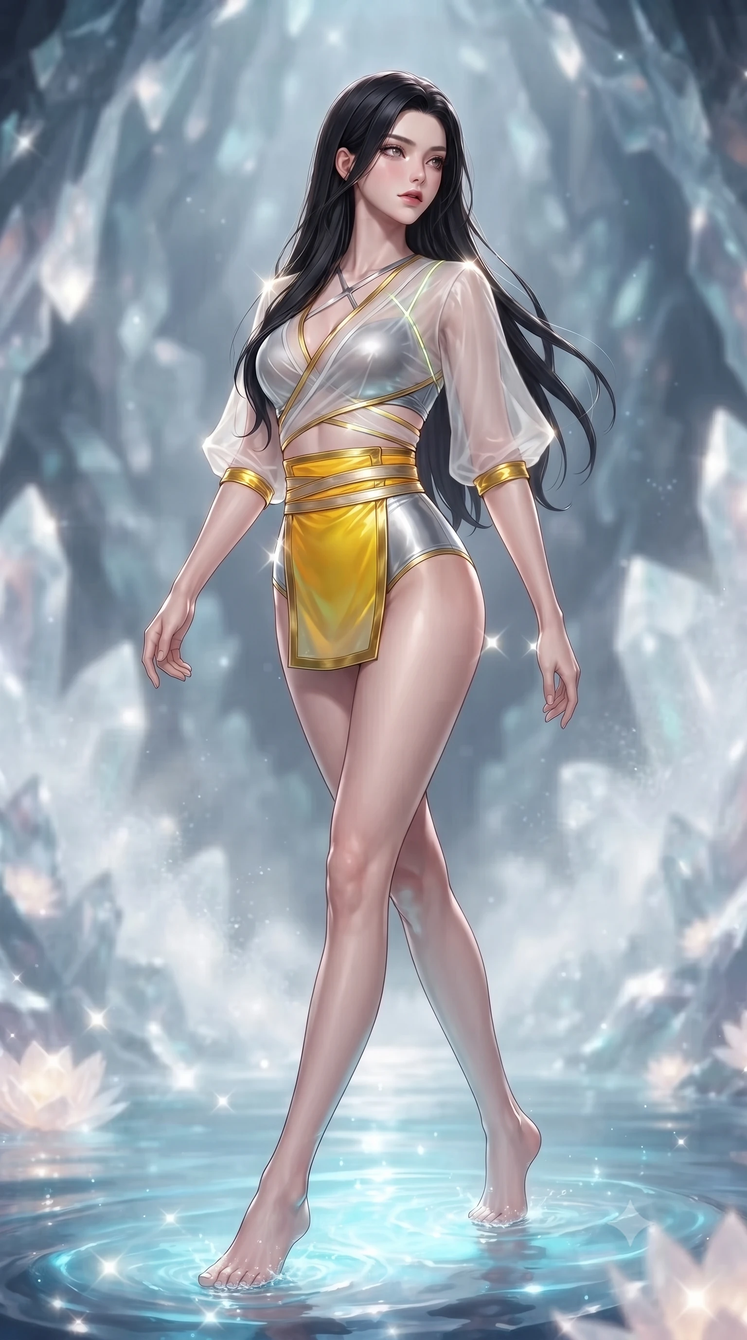 score_9, masterpiece, best quality, ultra-detailed, high-budget anime keyframe, editorial fashion photography, tasteful artistic composition, Korean woman. low angle full-body shot from head to toe showing her feet, filling the entire 9:16 vertical frame with her statuesque presence, stretching her vertical silhouette. striding forward in a proud, statuesque motion with a dangerous smolder, her vertical silhouette dominating the frame from head to toe while stepping gracefully through shallow glowing water with an alluring, confident backward glance. The composition keeps background elements in soft focus with creamy bokeh. rising water mist and crystalline grotto formations softened by luminous shallow depth of field. She has an absolutely perfect, statuesque 8.5-heads proportion, an exceptionally tall and slender model-like female figure with impossibly long slender legs, a toned flat midriff, and an ultra-slim waist. sharp v-shaped jawline, high-bridge nose, intricate jewel-like eyes with depth, thick eyelashes, glossy lips with a natural sheen, flawlessly proportioned anatomical accuracy, strict slender model proportions, natural body alignment, perfectly sculpted long slender limbs, ultra-slim waistline, clean dynamic posture without body distortion. wearing a shortened cyber-fusion wrap top with transparent chiffon panels, a deep crossover neckline, and a high-waisted metallic sash that accentuates her ultra-slim waist in vibrant sunburst canary yellow and gold trim, made of liquid metal jersey that clings flawlessly to every contour of her build, reinforced by a sleek metallic chrome harness and delicate glowing micro-straps, the glove-like aerodynamic second-skin fit tightly clinging to her ultra-slender waist and athletic curves without adding bulk, accentuating her razor-sharp statuesque lines and slim hourglass silhouette. illuminated by soft glowing pearl lotus uplights and sparkling specular highlights tracing her curves. ultra-reflective glossy finish, specular highlights, metallic sheen, high-contrast stereoscopic depth, volumetric dynamic lighting, 2k, ultra detail, master piece, 9:16 ratio